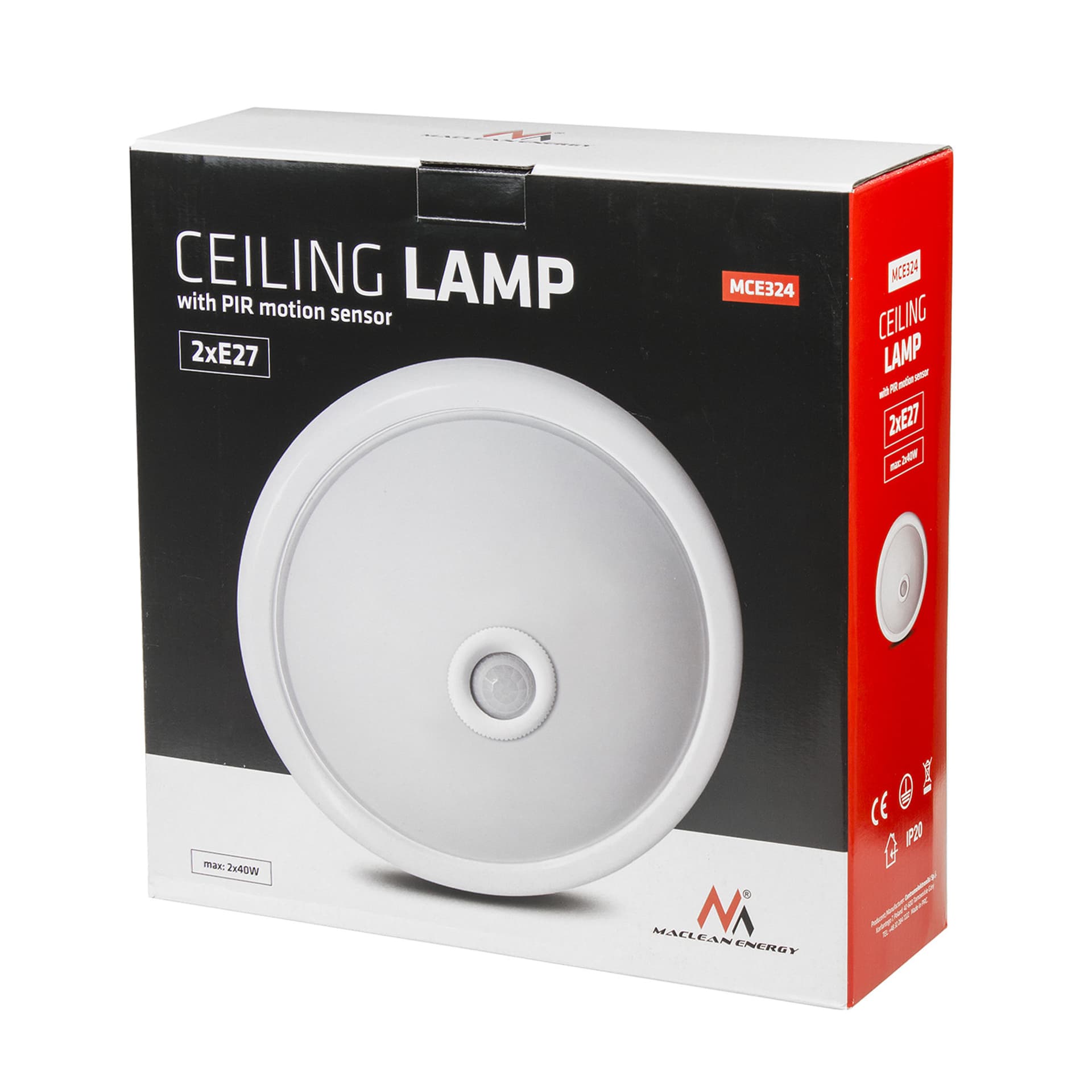 

Plafon z czujnikiem PIR Maclean, sufitowy, z wymiennym źródłem światła, 2x max. 40W, E27, 220-240V~ 50/60Hz, MCE324
