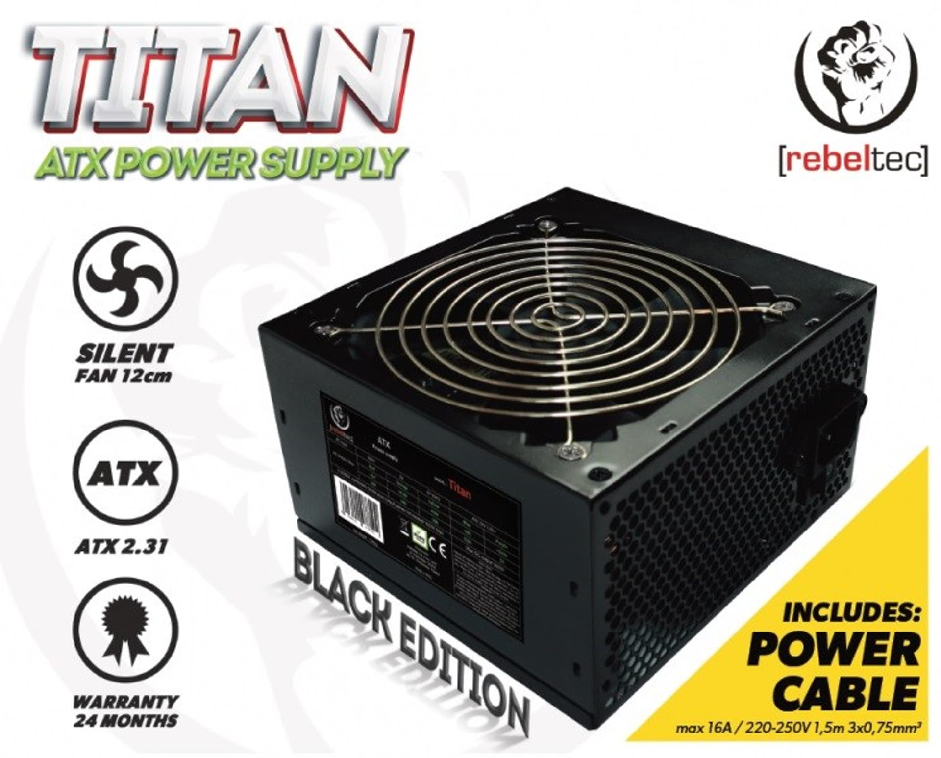 

REBELTEC ZASILACZ KOMPUTEROWY ATX VER.2.31 WENTYLATOR 12CM MOC MAX 400W 2XMOLEX 3XSATA 1XCPU 12V 1XZŁĄCZE FDD TITAN 400