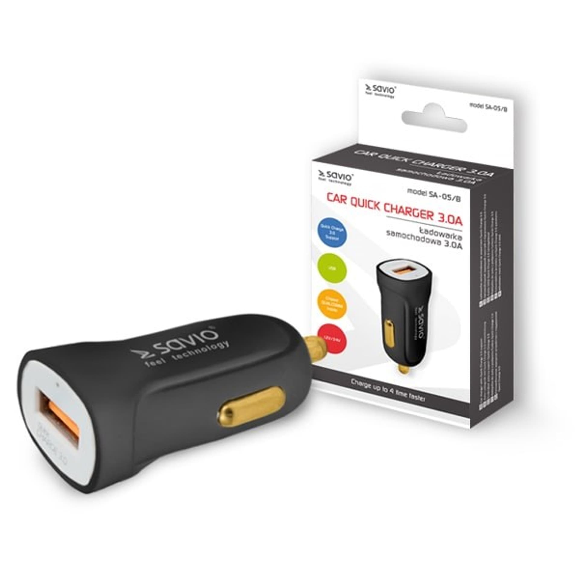 

Ładowarka samochodowa do smartfona SAVIO Quick Charge 3.0 SA-05/B (3000 mA; USB)