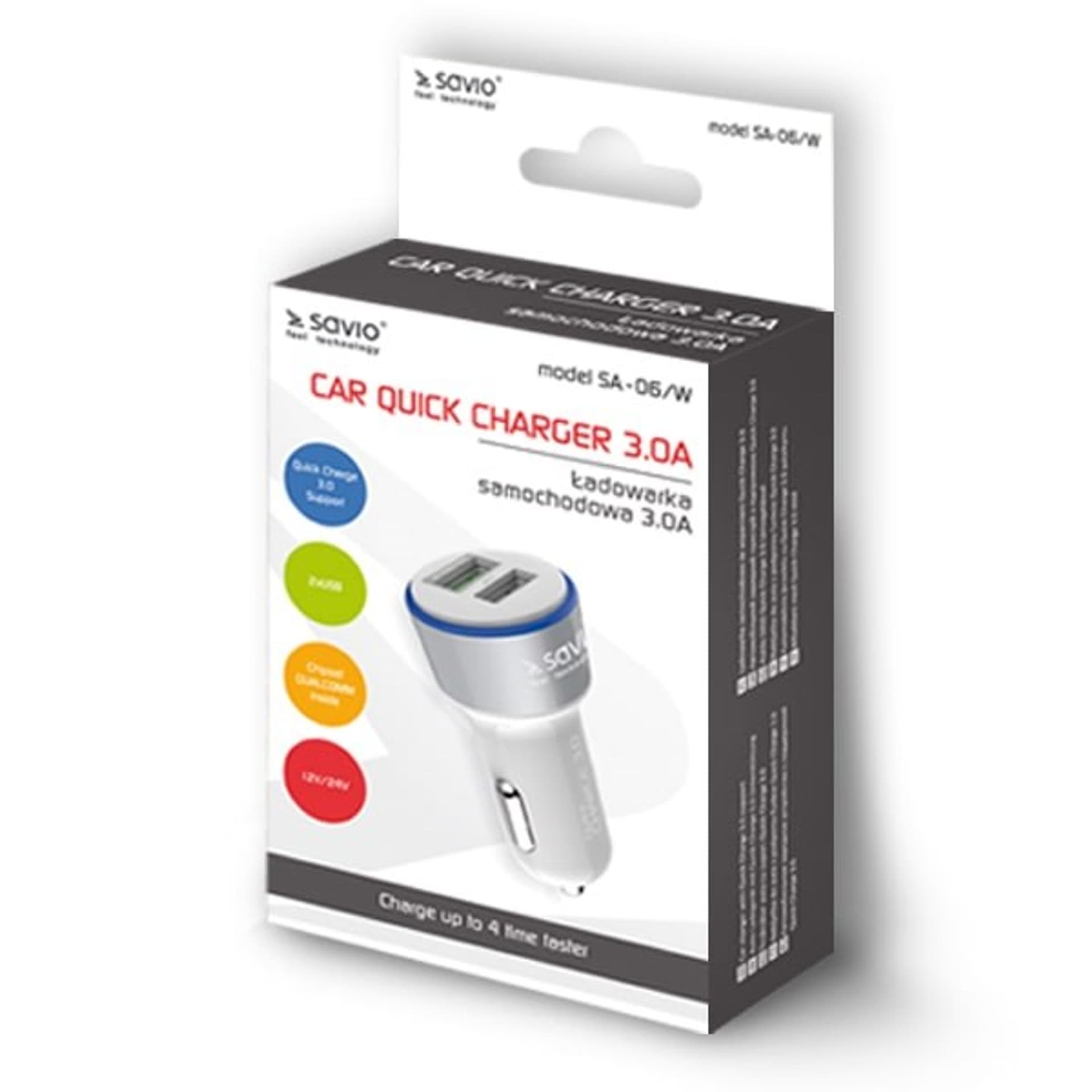 

Ładowarka samochodowa do smartfona SAVIO Quick Charge 3.0 SA-06/W (2400 mA, 3000 mA; USB)