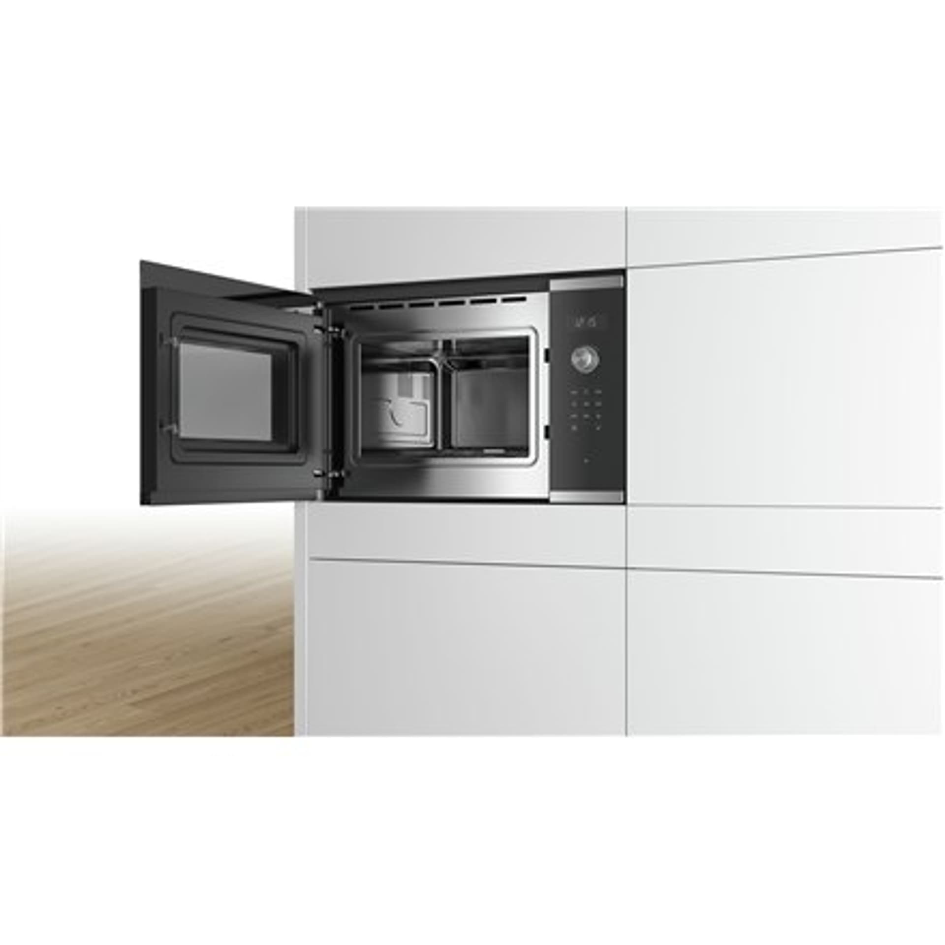 

Bosch Kuchenka mikrofalowa BFL554MS0 do zabudowy, 31,5 L, chowana, pokrętło, przycisk Start, sterowanie dotykowe, 900 W, stal ni