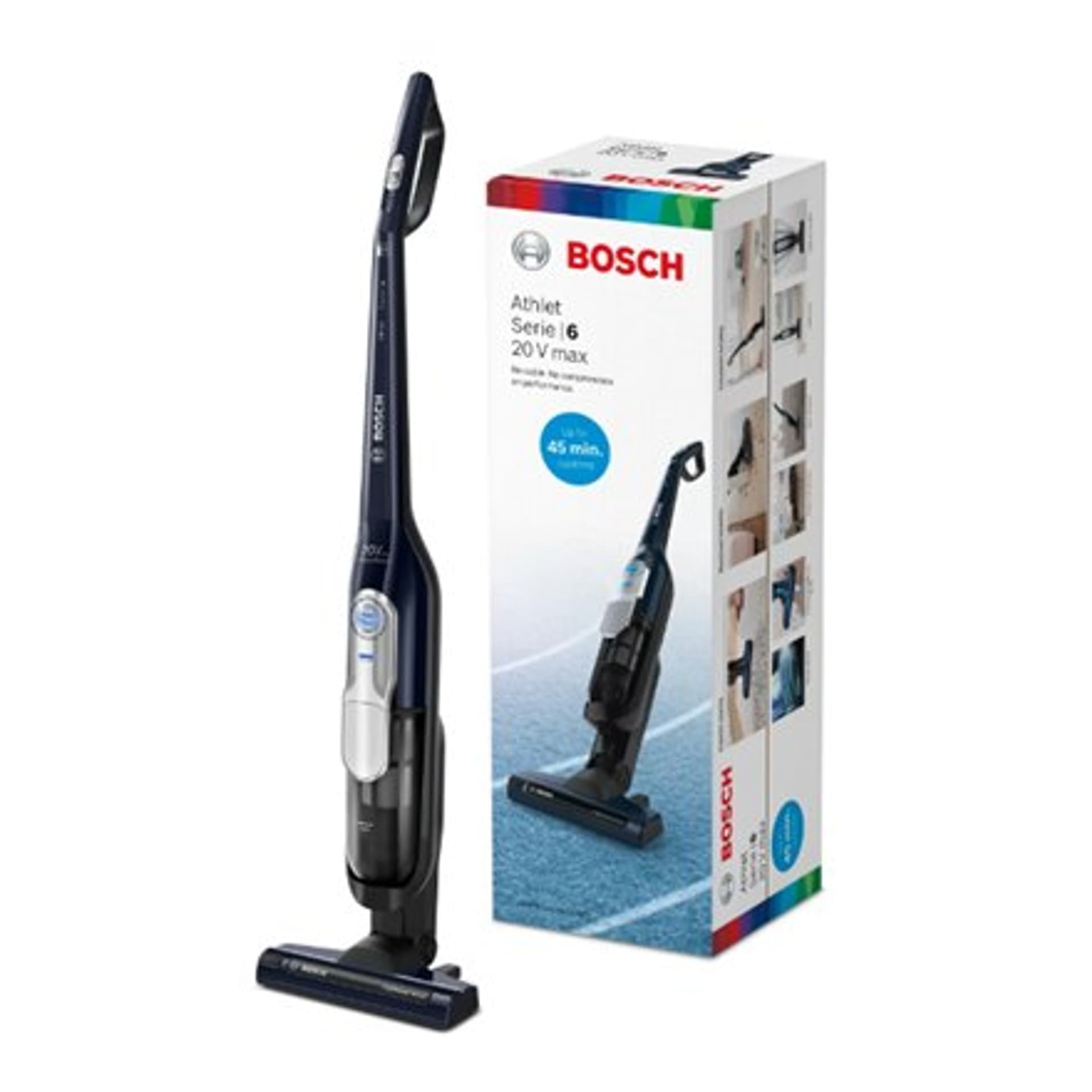 

Bosch Vacuum cleaner Athlet 20Vmax BCH85N Cordless operating, Handstick, 18 V, Operating time (max) 45 min, Blue, Warranty 24 mo
