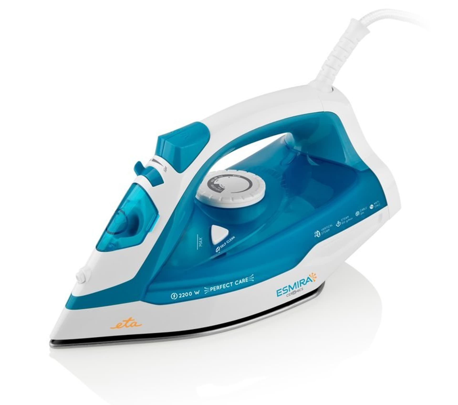 

ETA Iron Esmira ETA027390000 Steam Iron, 2200 W, Water tank capacity 380 ml, Continuous steam 40 g/min, Turquoise