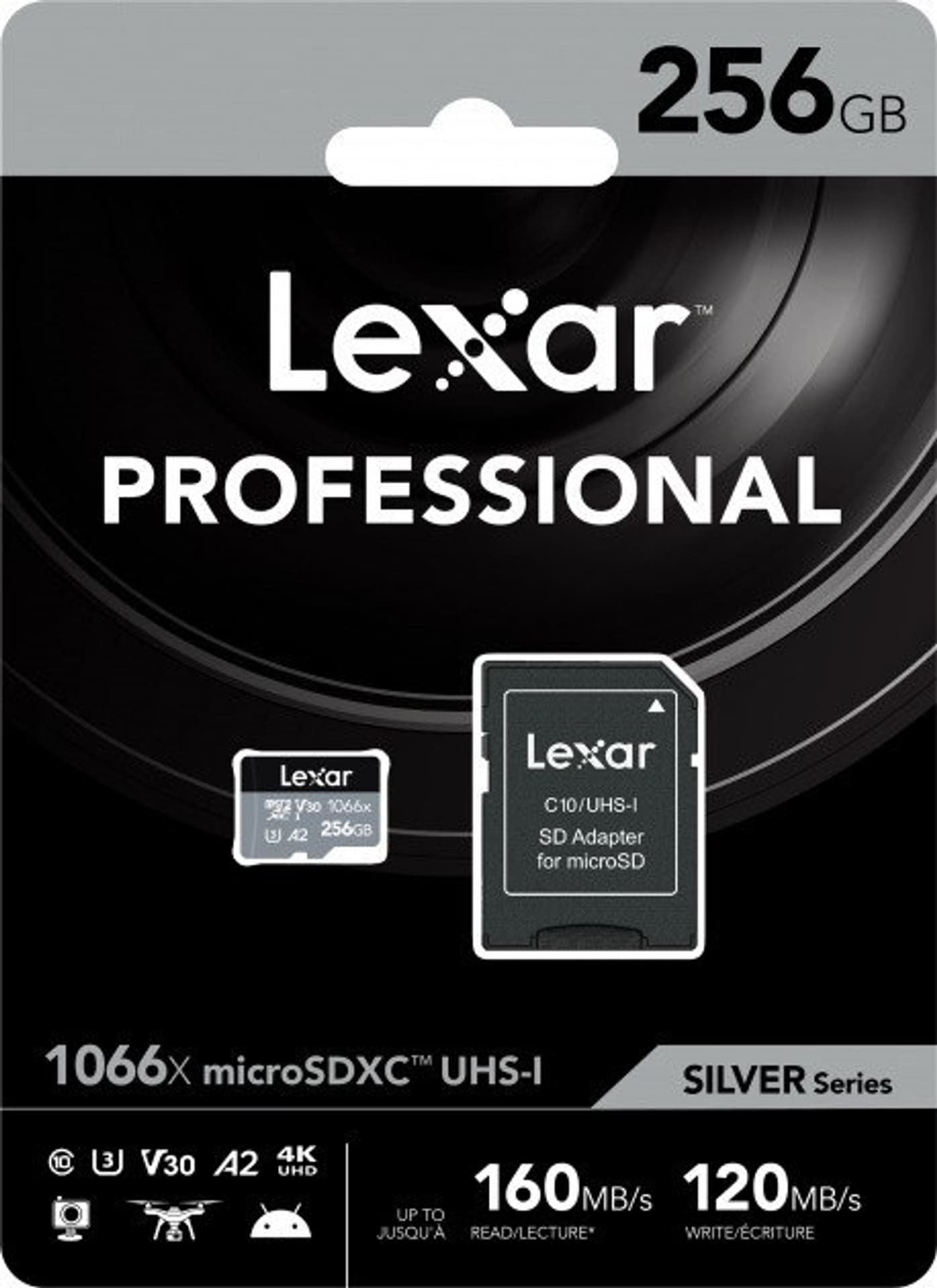 

Lexar High-Performance 1066x UHS-I MicroSDXC, 256 GB, pamięć flash klasy 10, czarny/szary, Klasa: A2 V30 U3, 70 MB/s, 160 MB/s