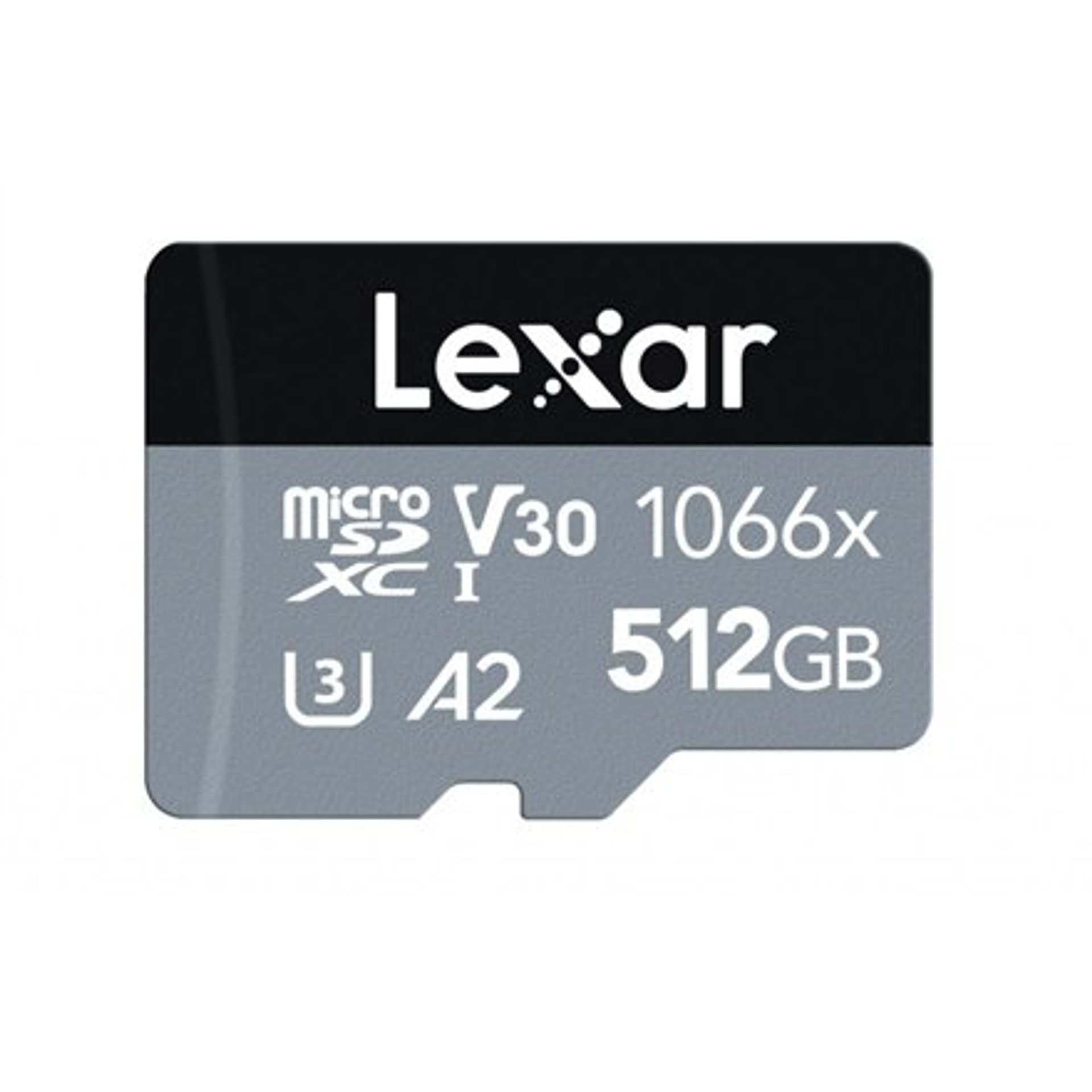 

Lexar High-Performance 1066x UHS-I MicroSDXC, 512 GB, Flash memory class 10, Black/Grey, Class: A2 V30 U3, 120 MB/s, 160 MB/s