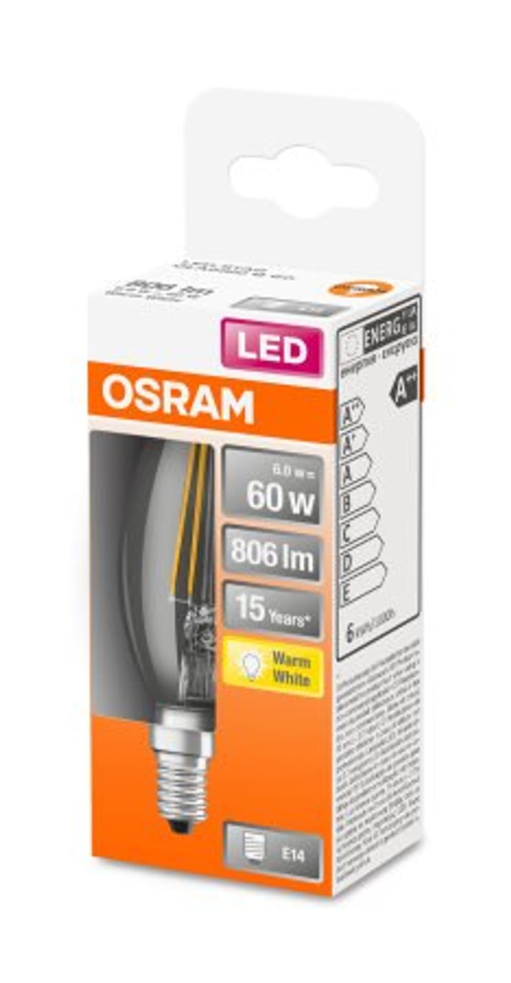 

Osram Parathom Retrofit Classic B 60 E14, 6 W, ciepła biel, 60 W, 6kWh/1000h, 806 lm