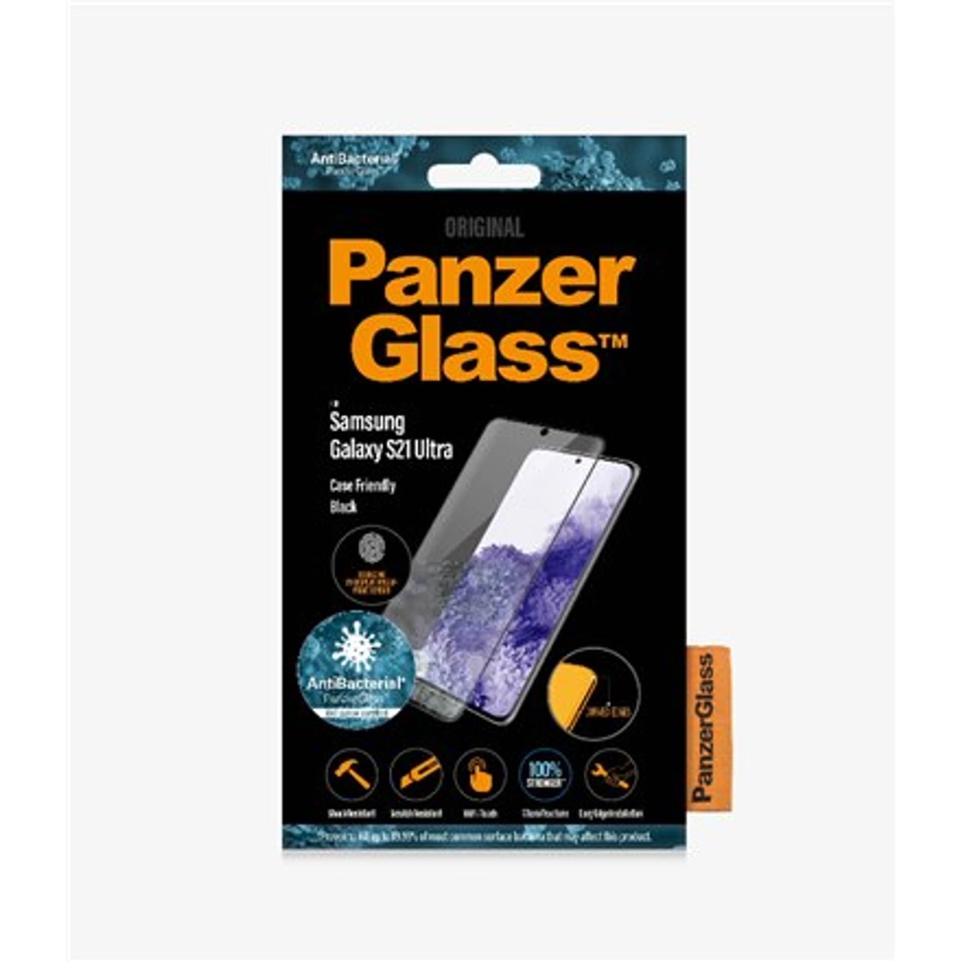 

PanzerGlass Samsung, Galaxy S21 Ultra Series, Antibacterial glass, Black, Antifingerprint screen protector, Case Friendly, Compa