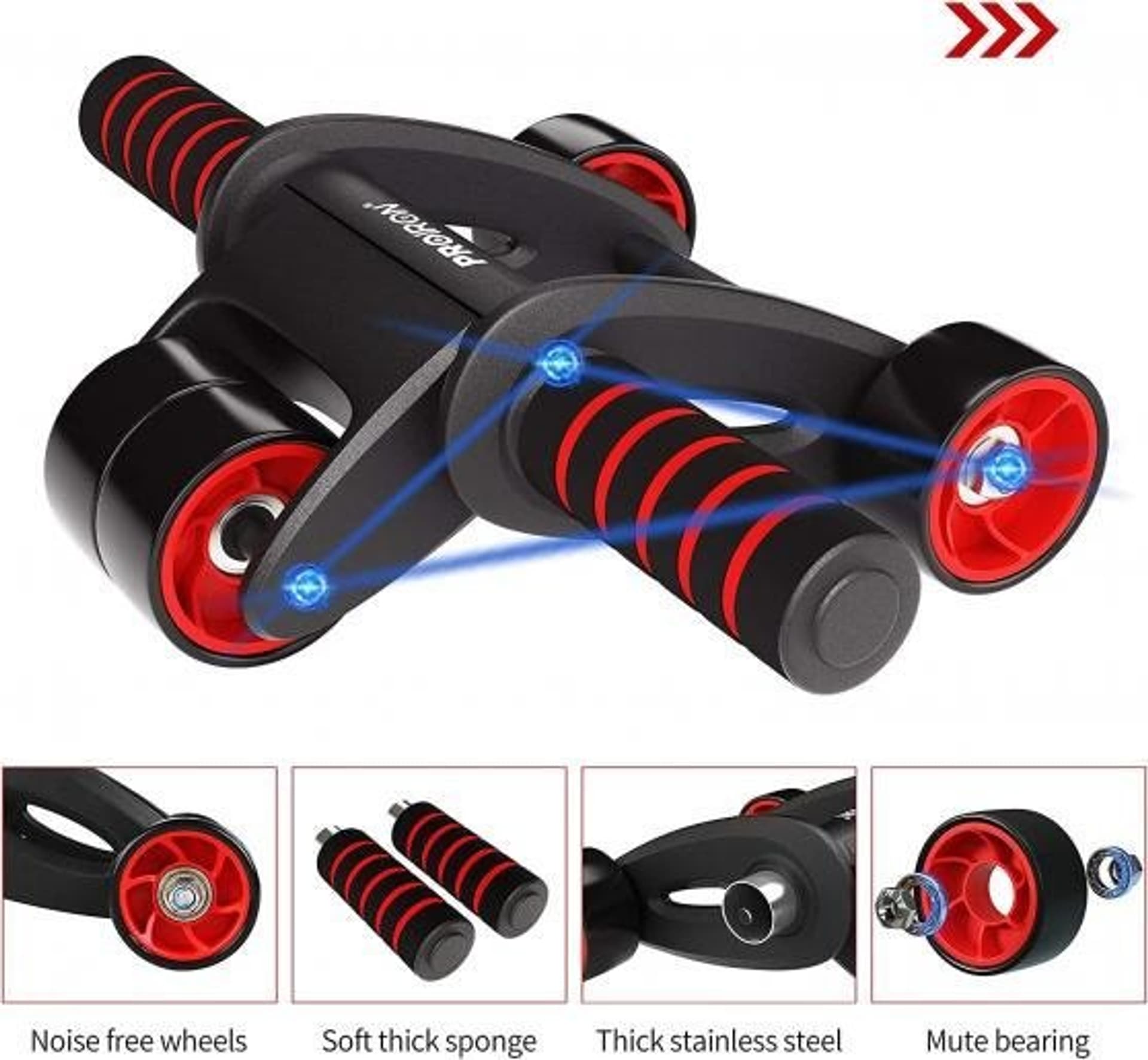 

PROIRON Abdominal Roller Whee Black/Red, Stainless-steel bar / Foam handles, Ab roller + Mat