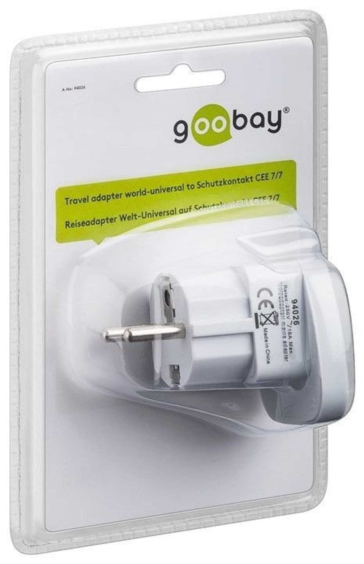 

Travel adapter, (UK, US, IT, CH, to EU), 94026. Goobay, Uk/us/it/ch/to eu)/94026. gooba