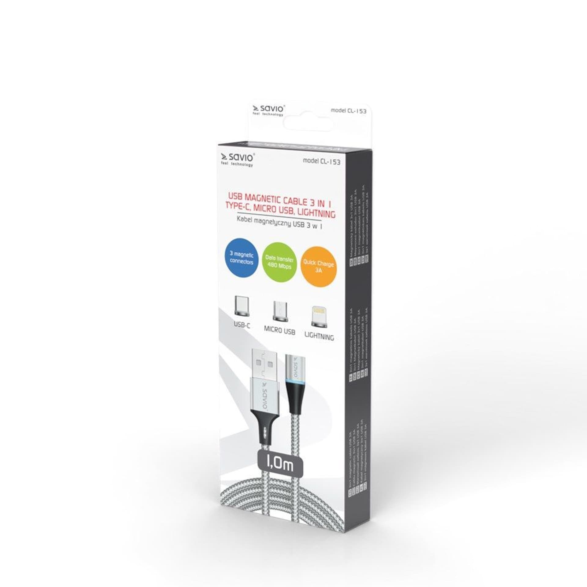 

SAVIO KABEL MAGNETYCZNY USB - USB TYP C, MICRO I LIGHTNING, 1M, SREBRNY CL-153
