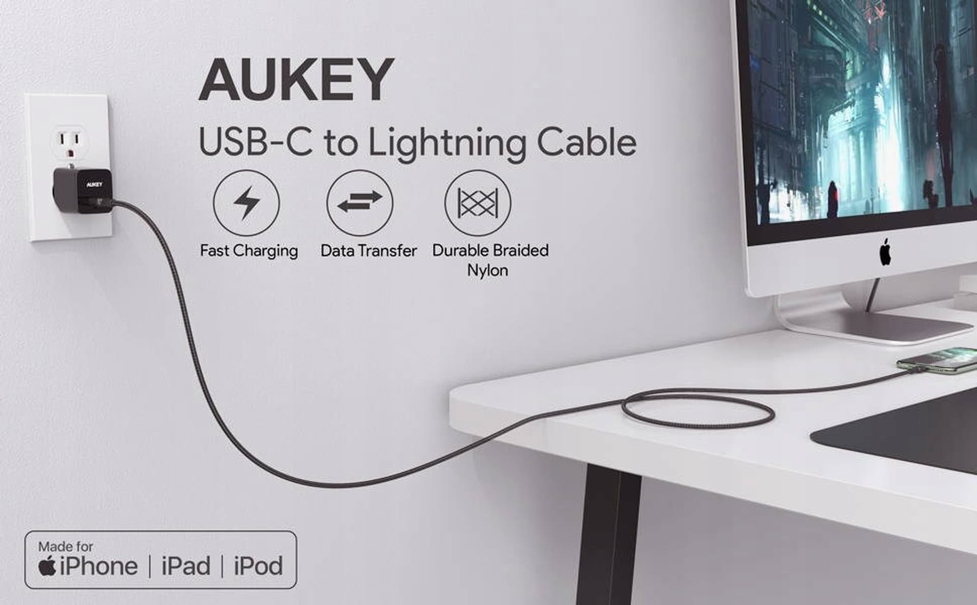 

AUKEY CB-CL02 NYLONOWY KABEL USB C-LIGHTNING 1.2M