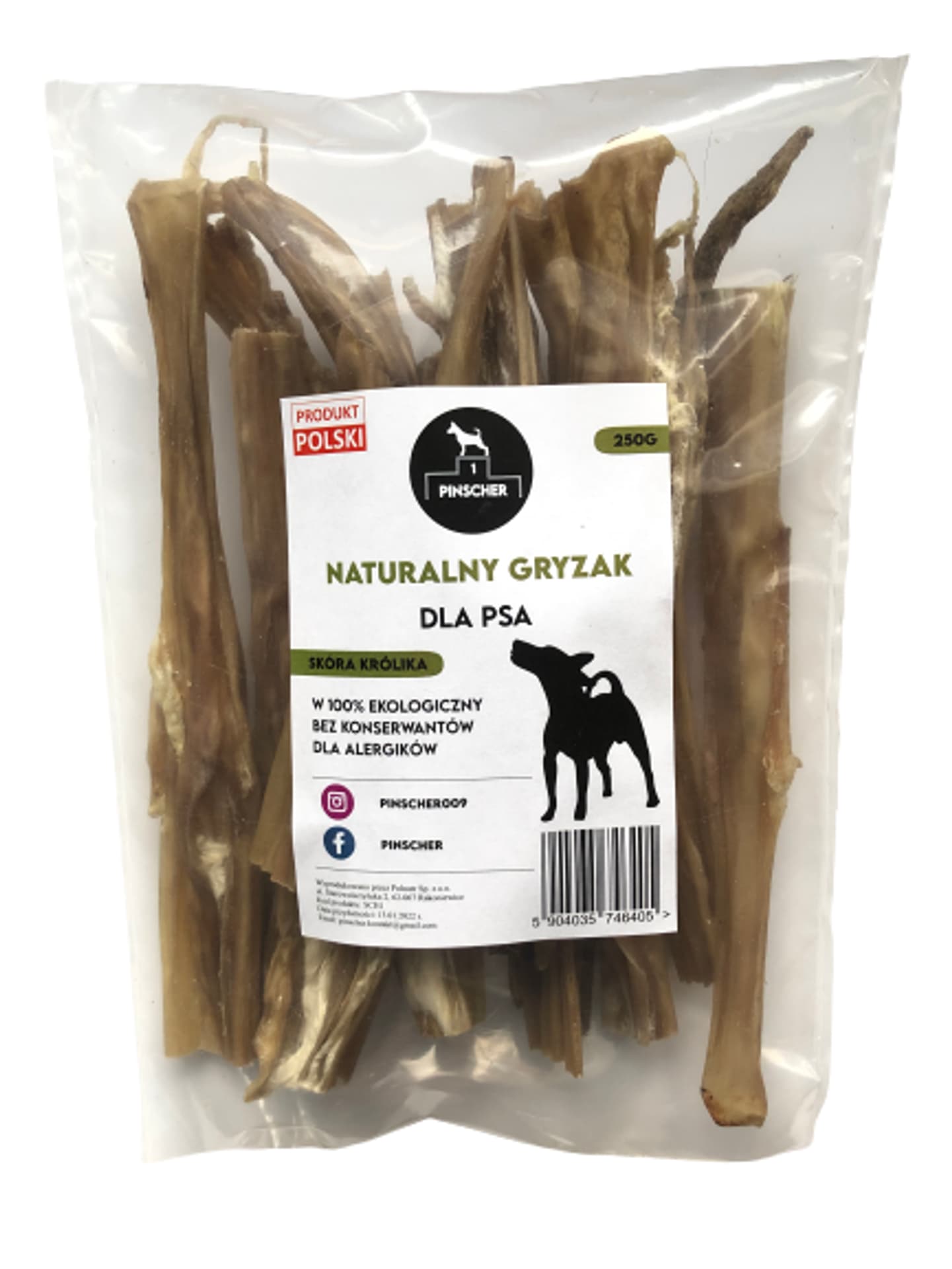 

PINSCHER Naturalny gryzak dla psa - SKÓRA KRÓLIKA 250g