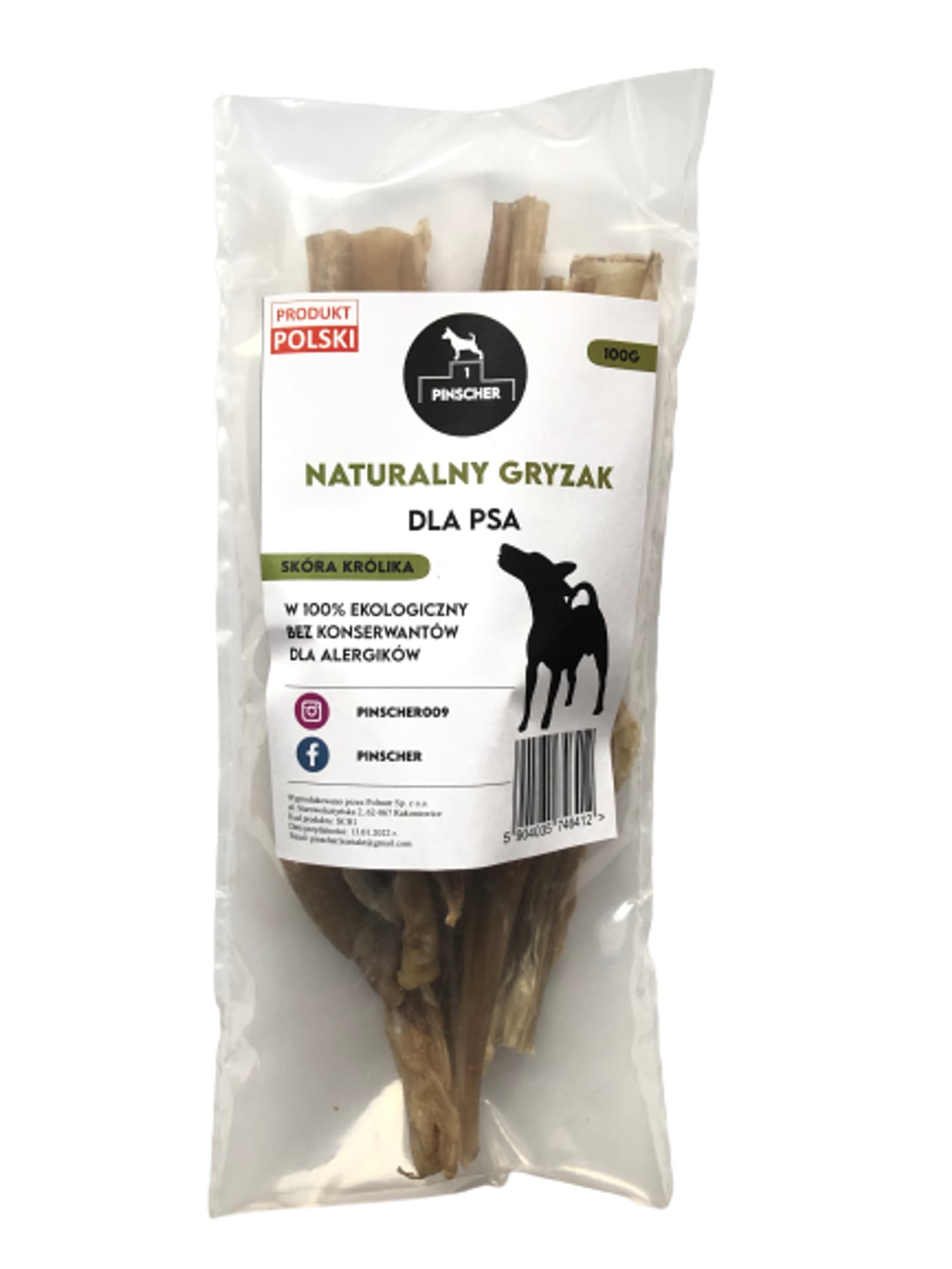 

PINSCHER Naturalny gryzak dla psa - SKÓRA KRÓLIKA 100g