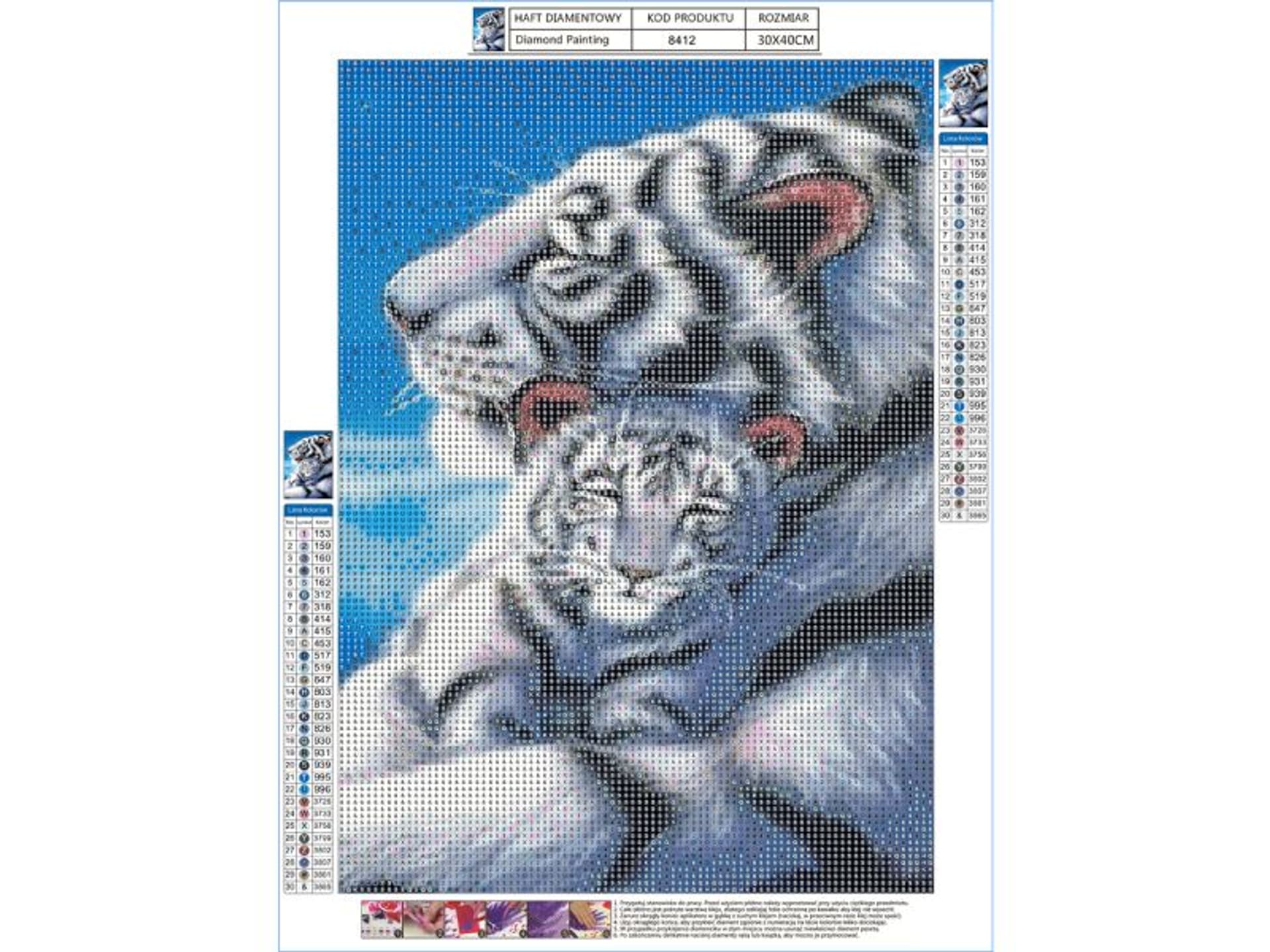 

Haft Diamentowy, Obraz, Mozaika Diamentowa Diamond Painting, BIAŁE TYGRYSY 30x40cm