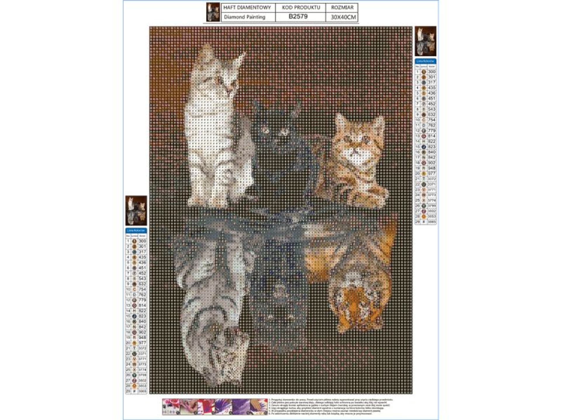 

Haft Diamentowy, Obraz, Mozaika Diamentowa Diamond Painting, ODBICIE LUSTRZANE - TRZY KOTY 30x40cm