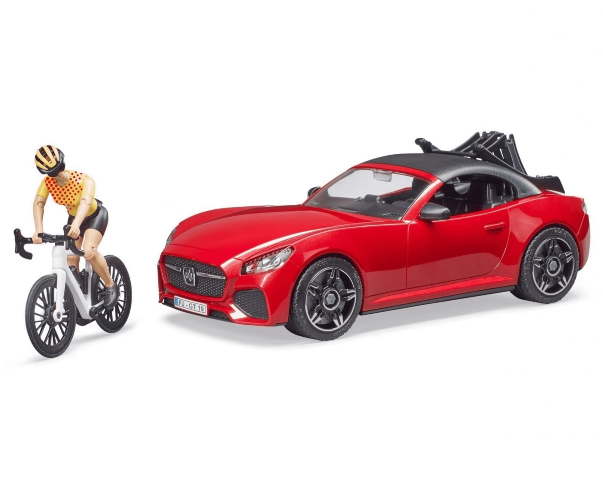 

Auto Roadster czerwone z figurką i rowerem górskim