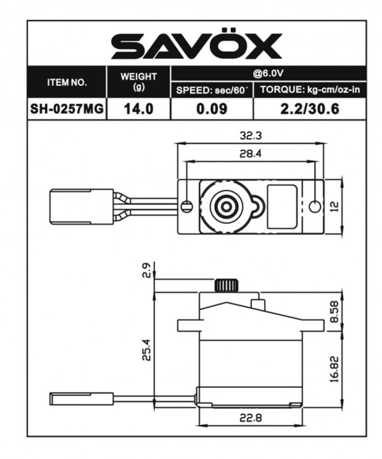 

Serwo Savox SH-0257MG 14g (micro, 2.2kg/.0,13sec)