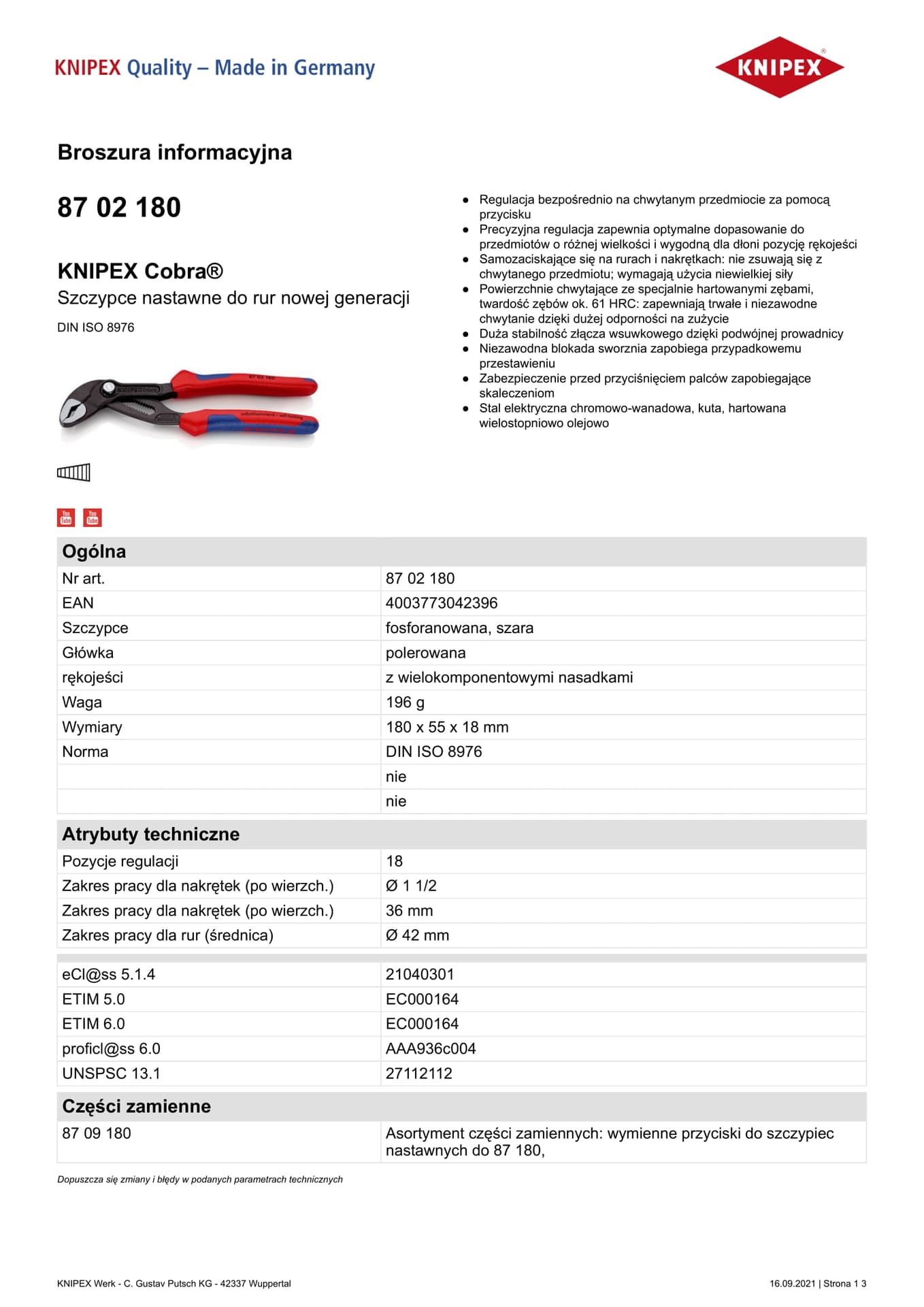 

SZCZYPCE DO RUR COBRA 180MM