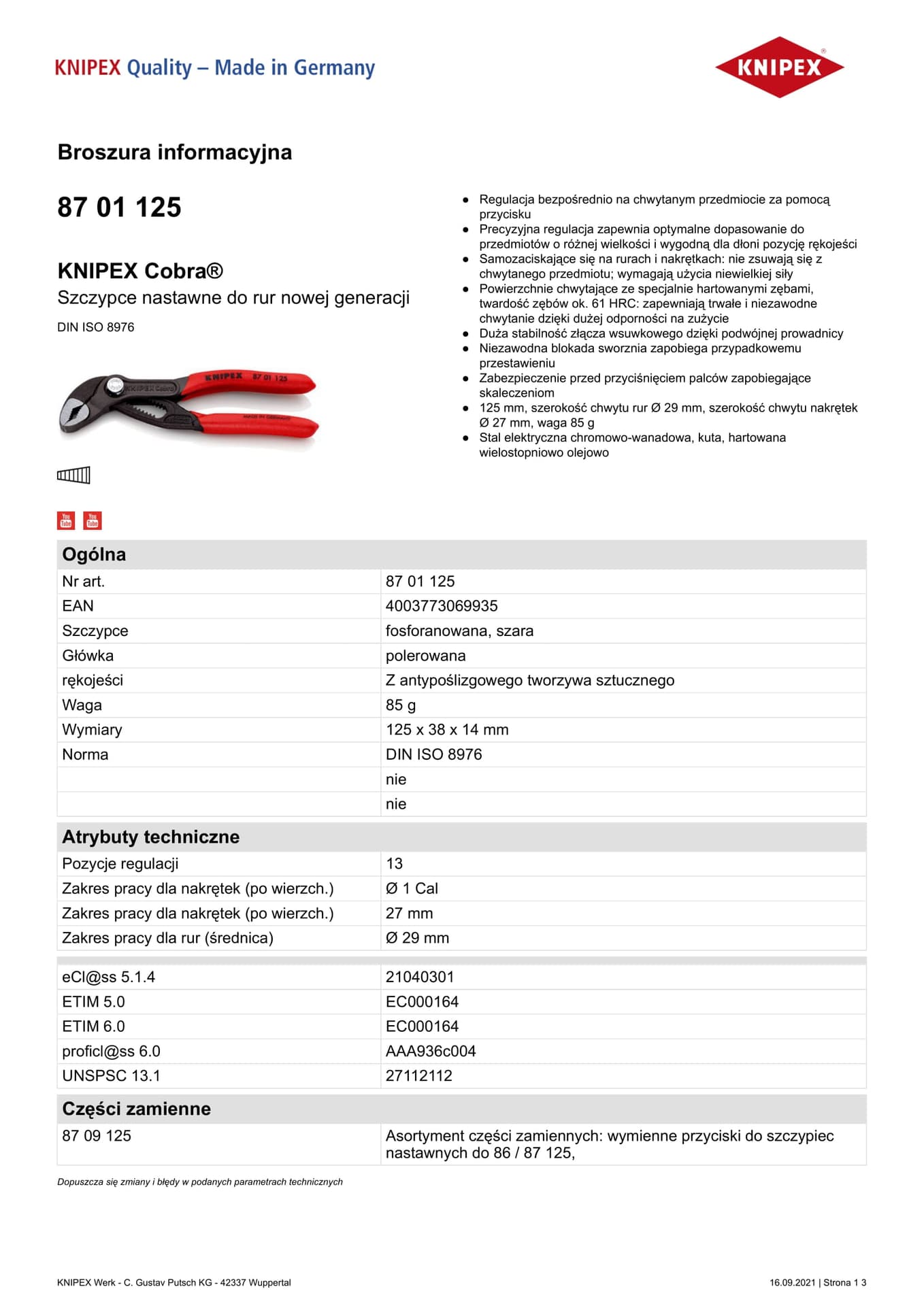 

SZCZYPCE DO RUR COBRA 125MM