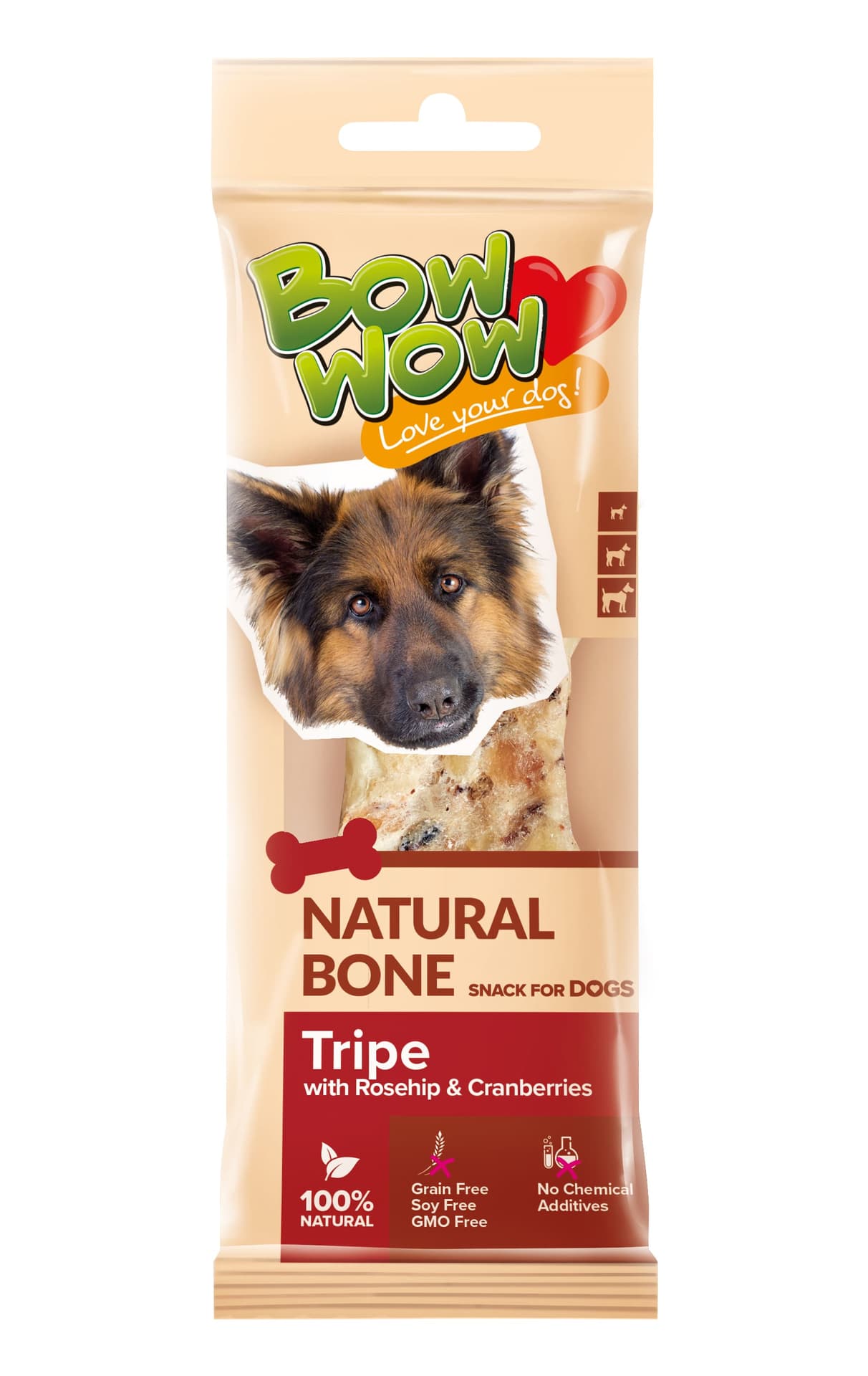

BOW WOW Kości naturalne z flaczkami, dziką różą i żurawiną 18szt [BW333RD]