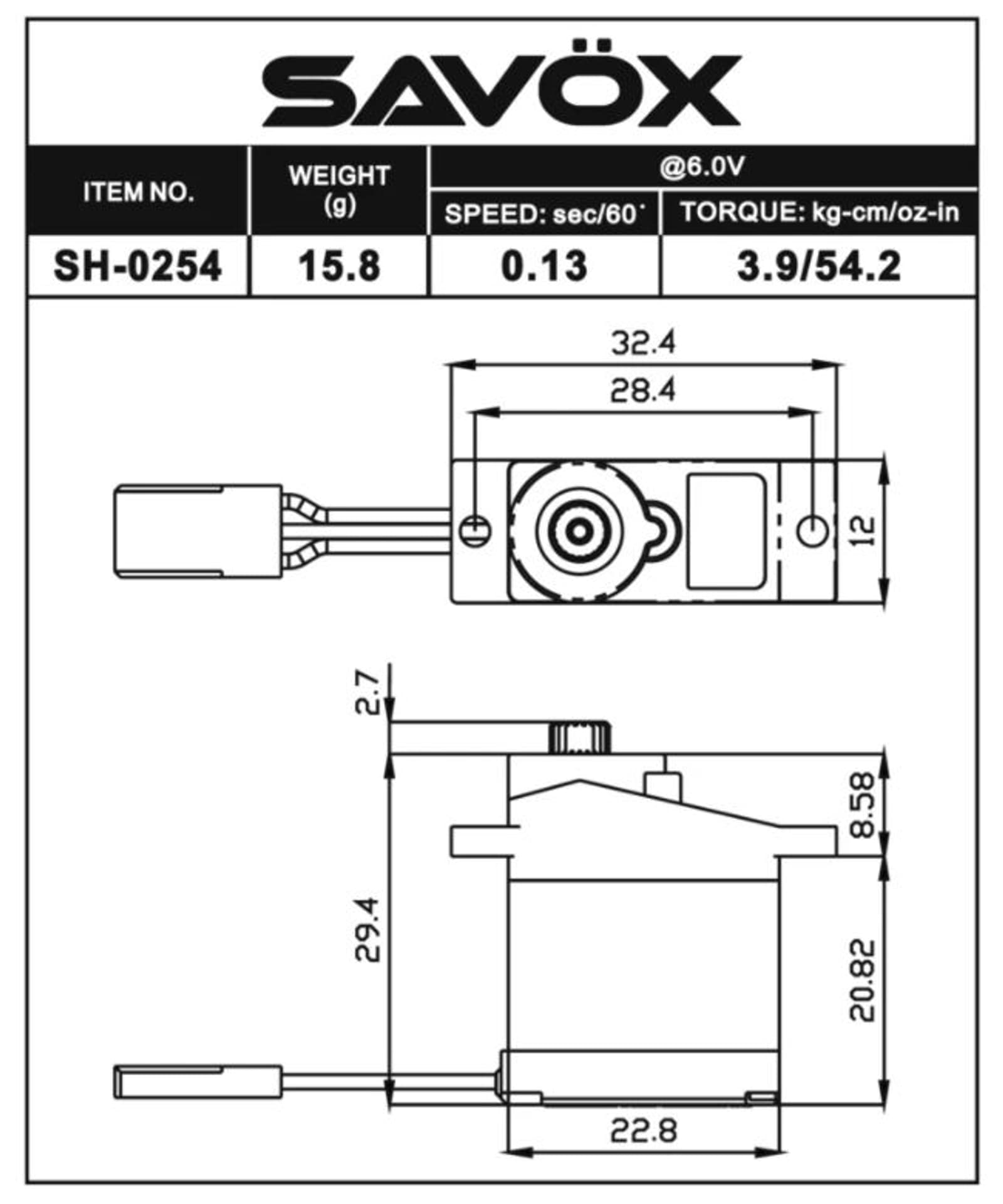 

Serwo Savox SH-0254+ 15.8g (micro, 3.9kg/.0,13sec)