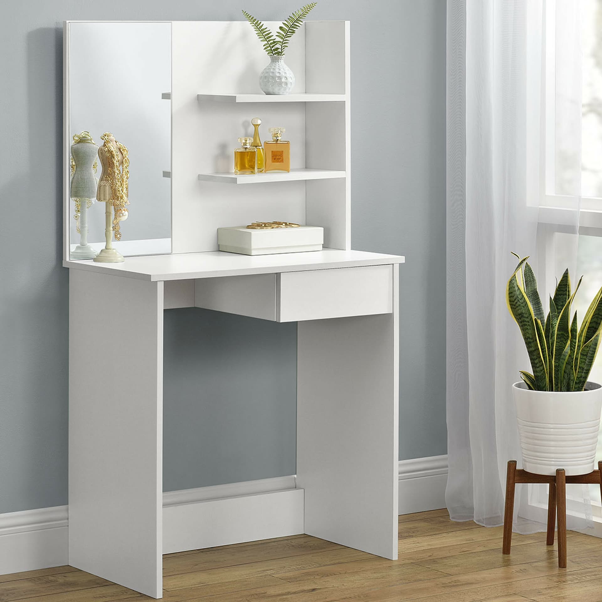 

Toaletka kosmetyczna nowoczesna duże lustro półki ModernHome