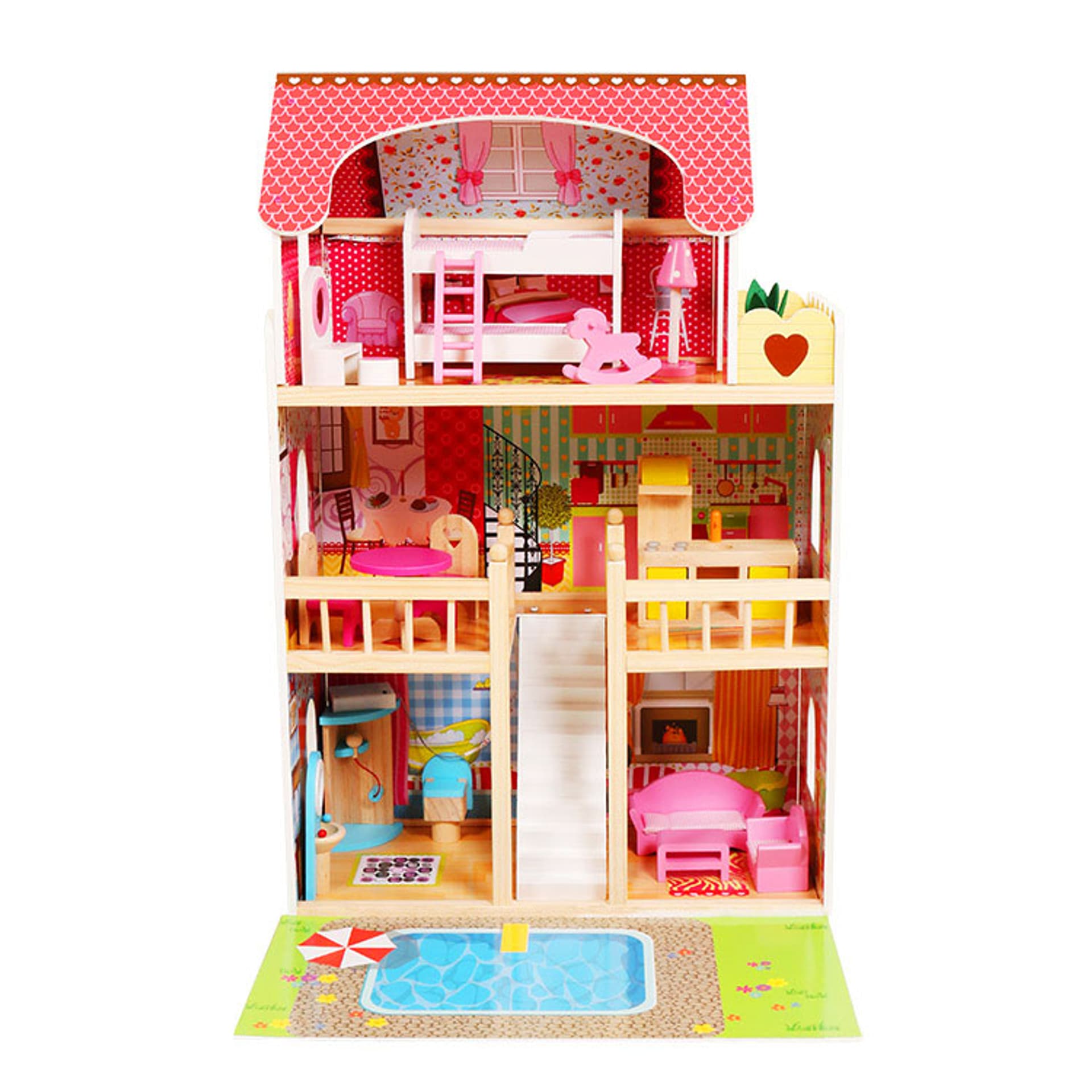 

Drewniany domek dla lalek meble basen +oświetlenie ECOTOYS
