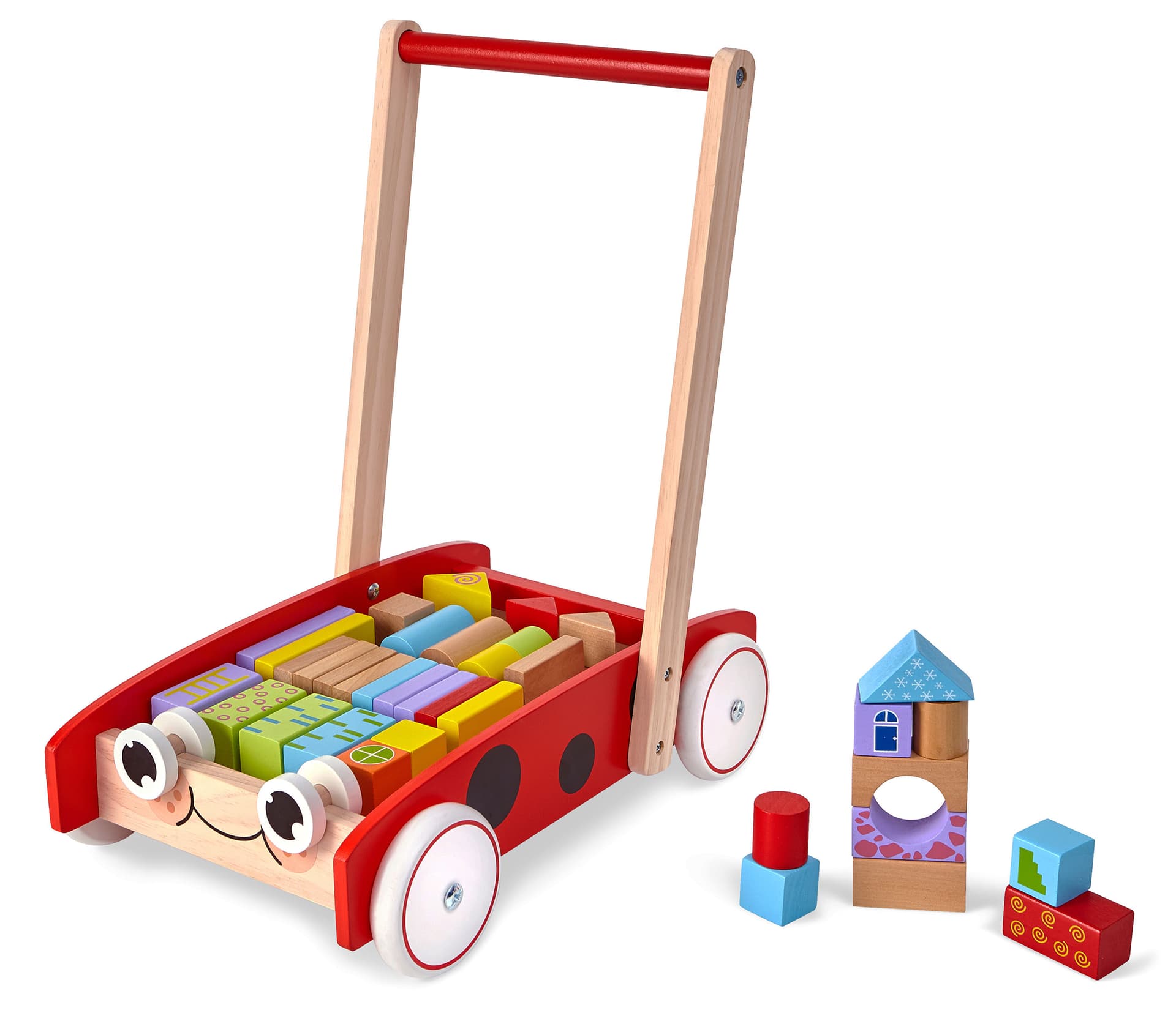 

Drewniany wózek pchacz chodzik 40 klocków ECOTOYS