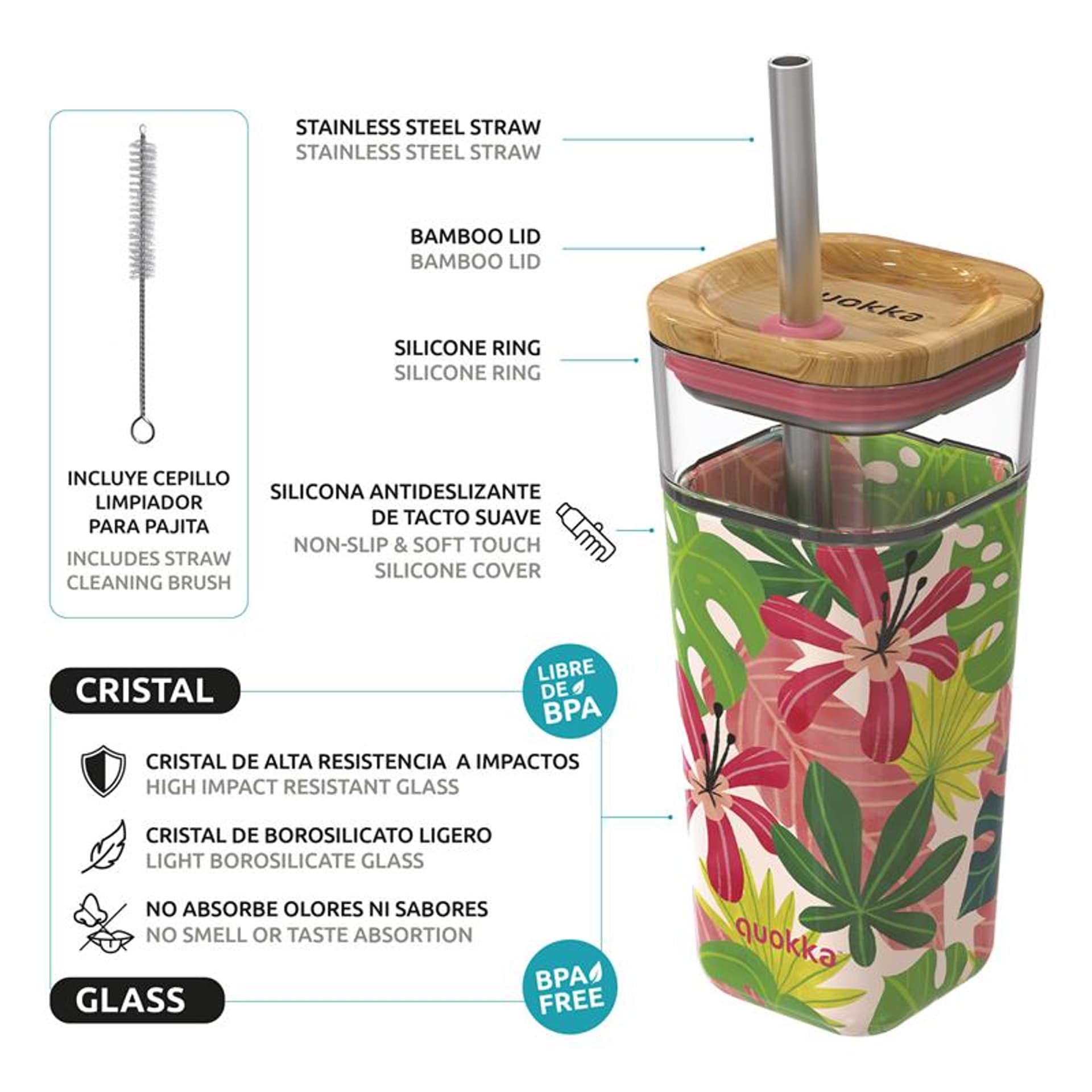 

Quokka Liquid Cube - Kubek szklany 540 ml ze słomką ze stali nierdzewnej (Pink Jungle)