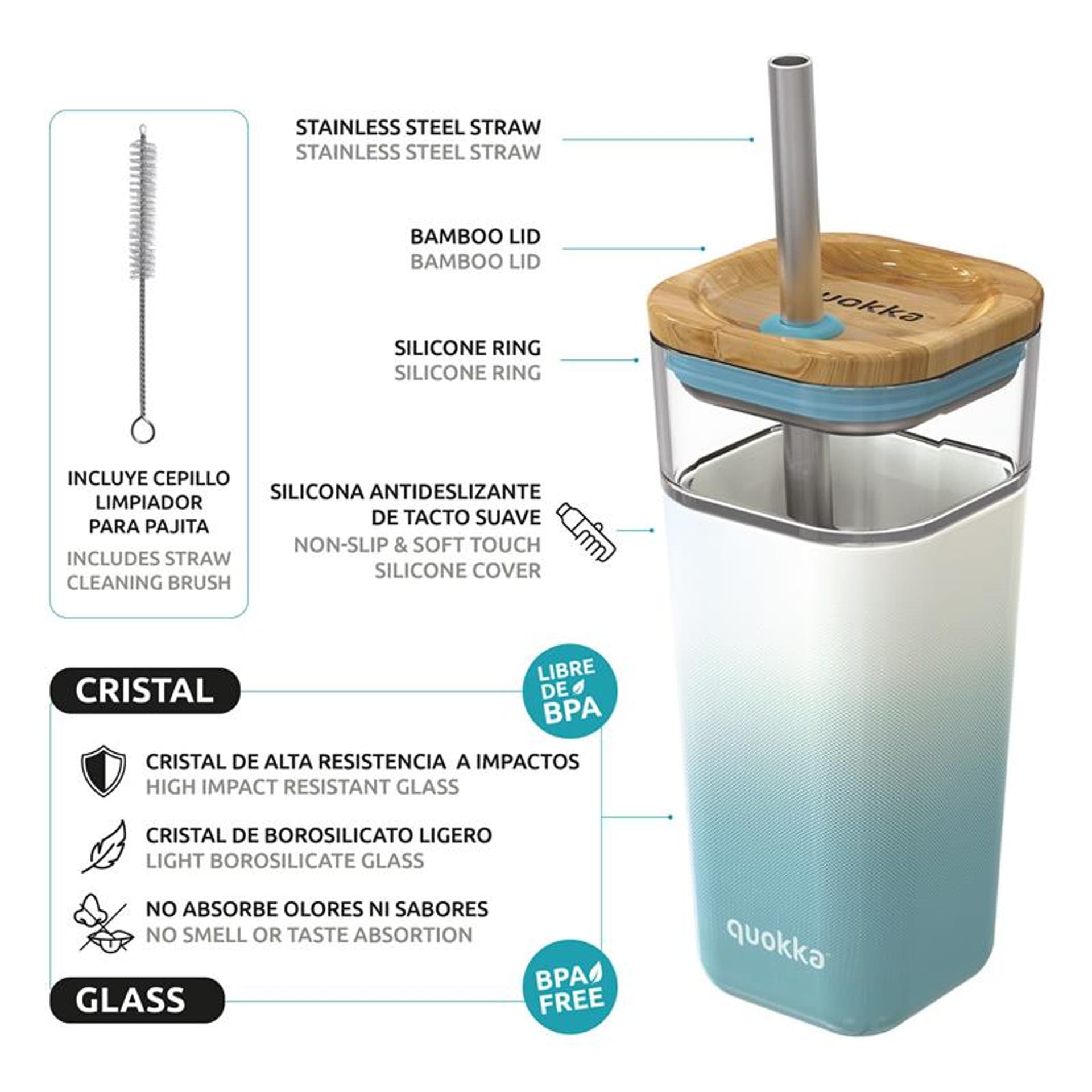 

Quokka Liquid Cube - Kubek szklany 540 ml ze słomką ze stali nierdzewnej (Teal Gradient)