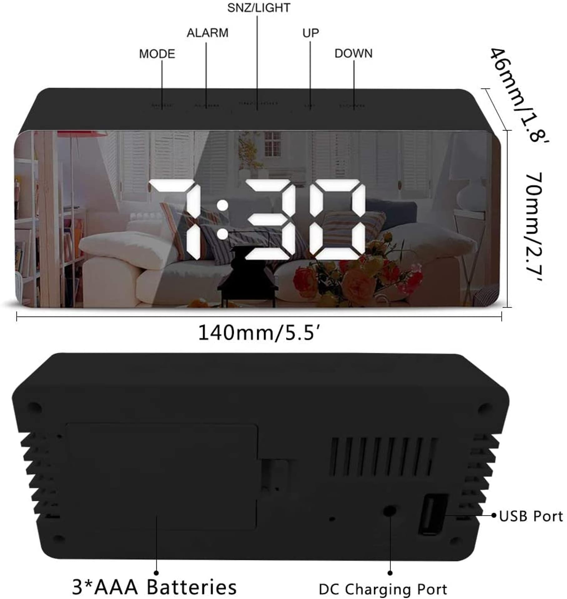 

Lustrzany Zegar Cyfrowy Elektroniczny Led / Budzik / Termometr czarny