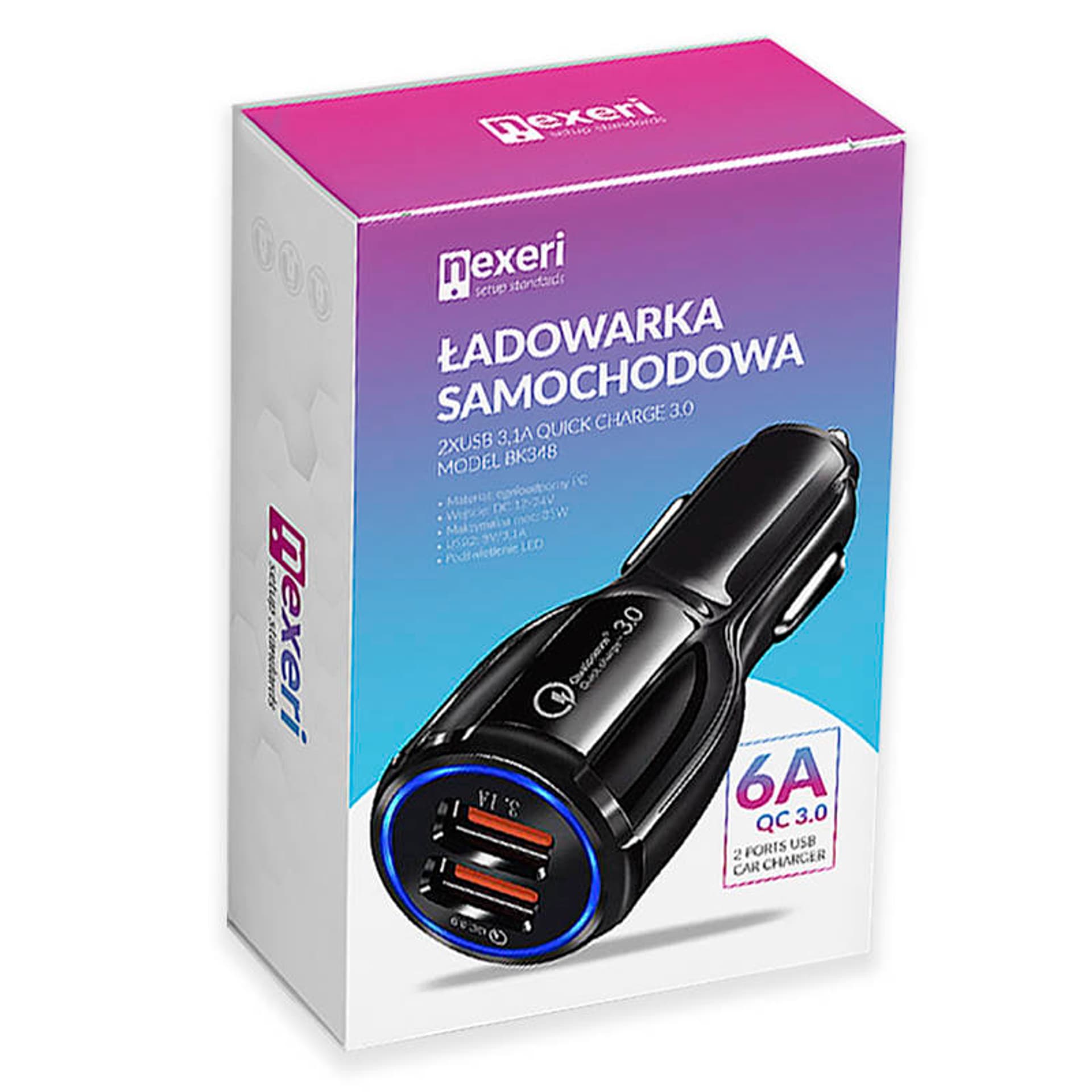 

Ładowarka samochodowa 3,1A 2xUSB BK348 QC 3.0 Quick Charge 3.0 Nexeri czarna