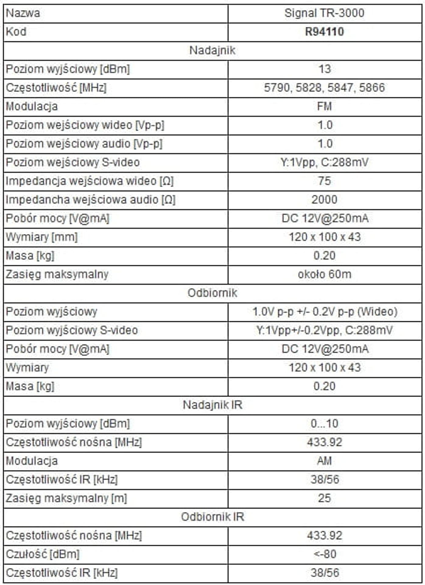 

Bezprzewodowy 5,8 GHz zestaw do transmisji AV+IR Sender Signal TR-3000 8B74-79581