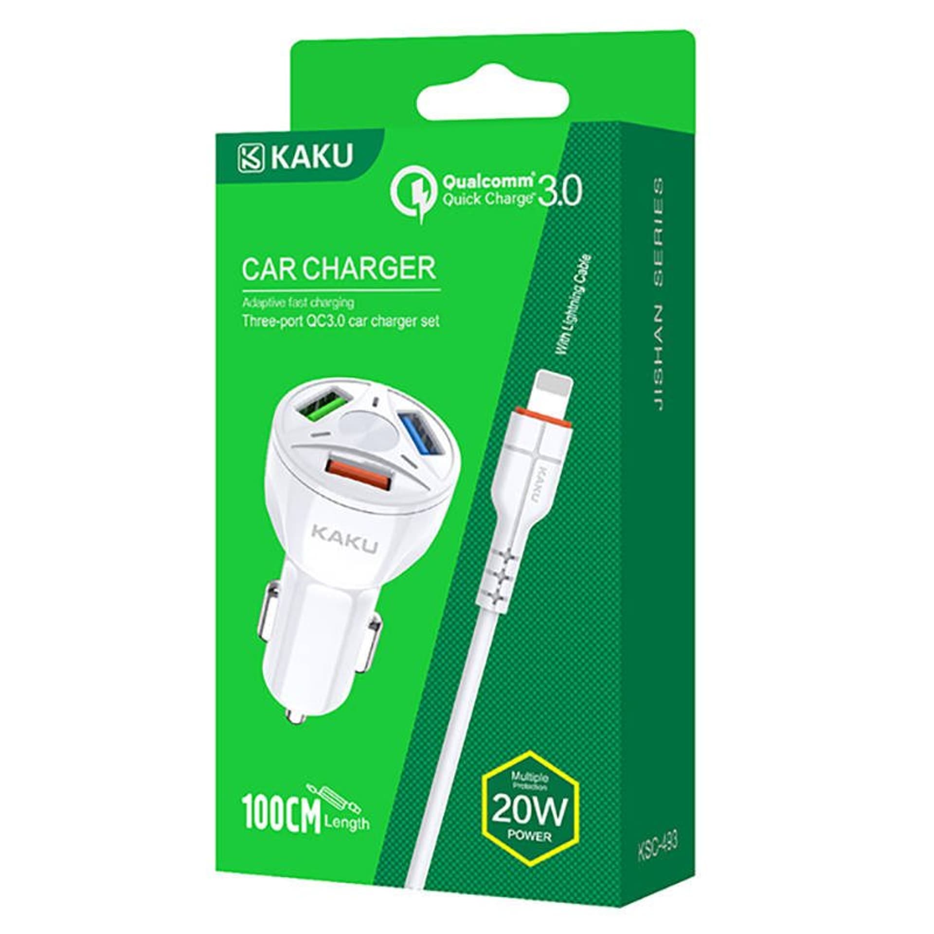 

Ładowarka Samochodowa 20W 4,8A QC3.0 3xUSB + Kabel iPhone Lightning KAKU Three Port Quick Charge 3.0 Car Charger with Lightning 8-pin Cable (KSC-493) biała, Ksc-493) biał
