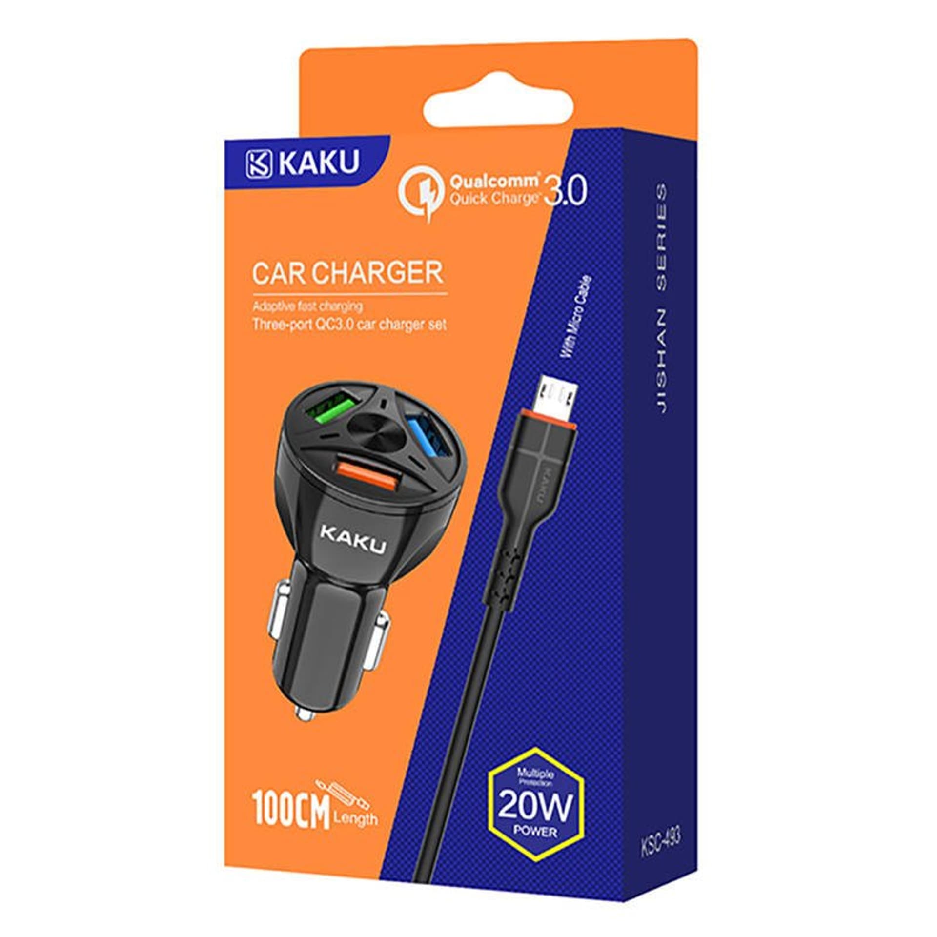 

Ładowarka Samochodowa 20W 4,8A QC3.0 3xUSB + Kabel Micro USB KAKU Three Port Quick Charge 3.0 Car Charger with MicroUSB Cable (KSC-493) czarna, Ksc-493) czarn