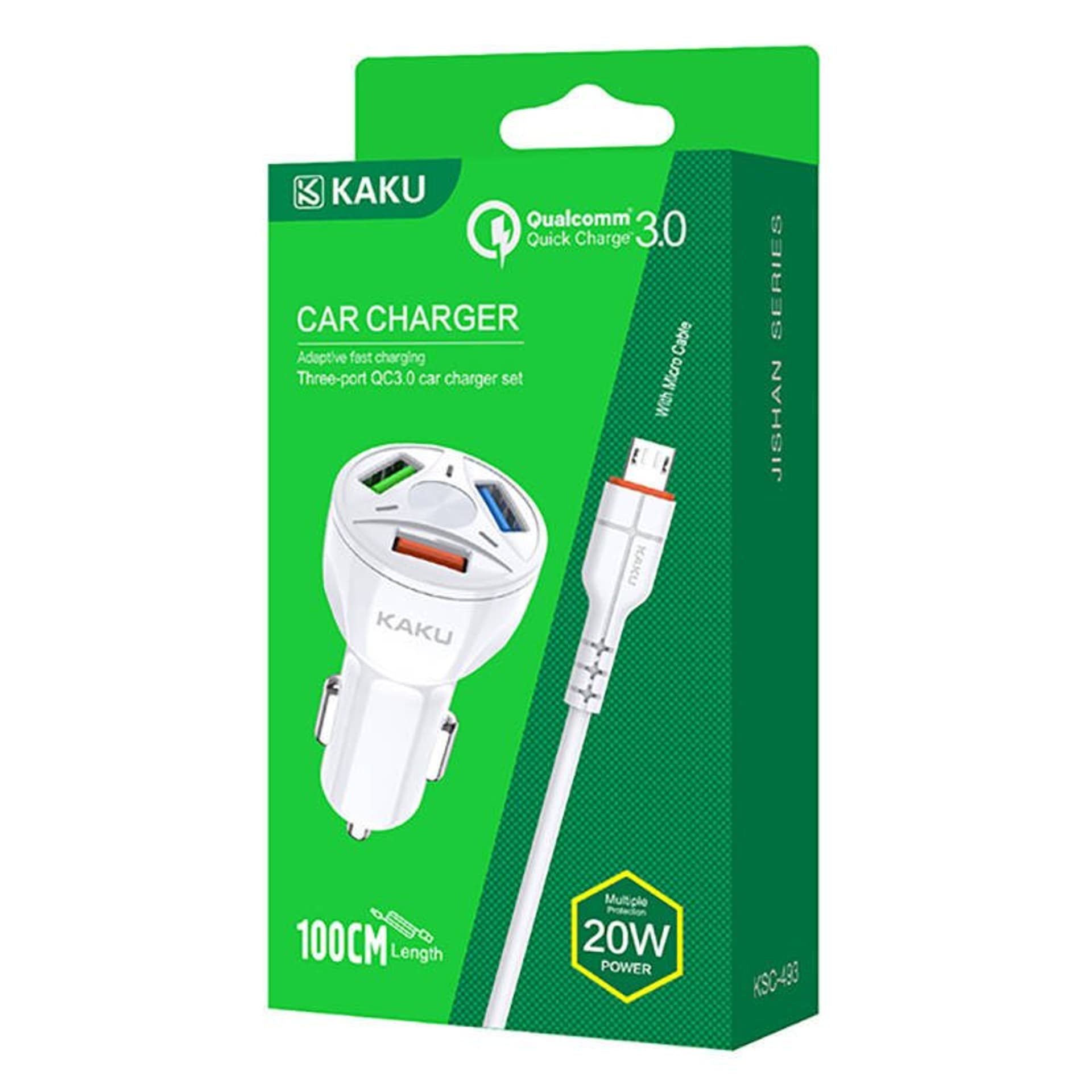 

Ładowarka Samochodowa 20W 4,8A QC3.0 3xUSB + Kabel Micro USB KAKU Three Port Quick Charge 3.0 Car Charger with MicroUSB Cable (KSC-493) biała, Ksc-493) biał
