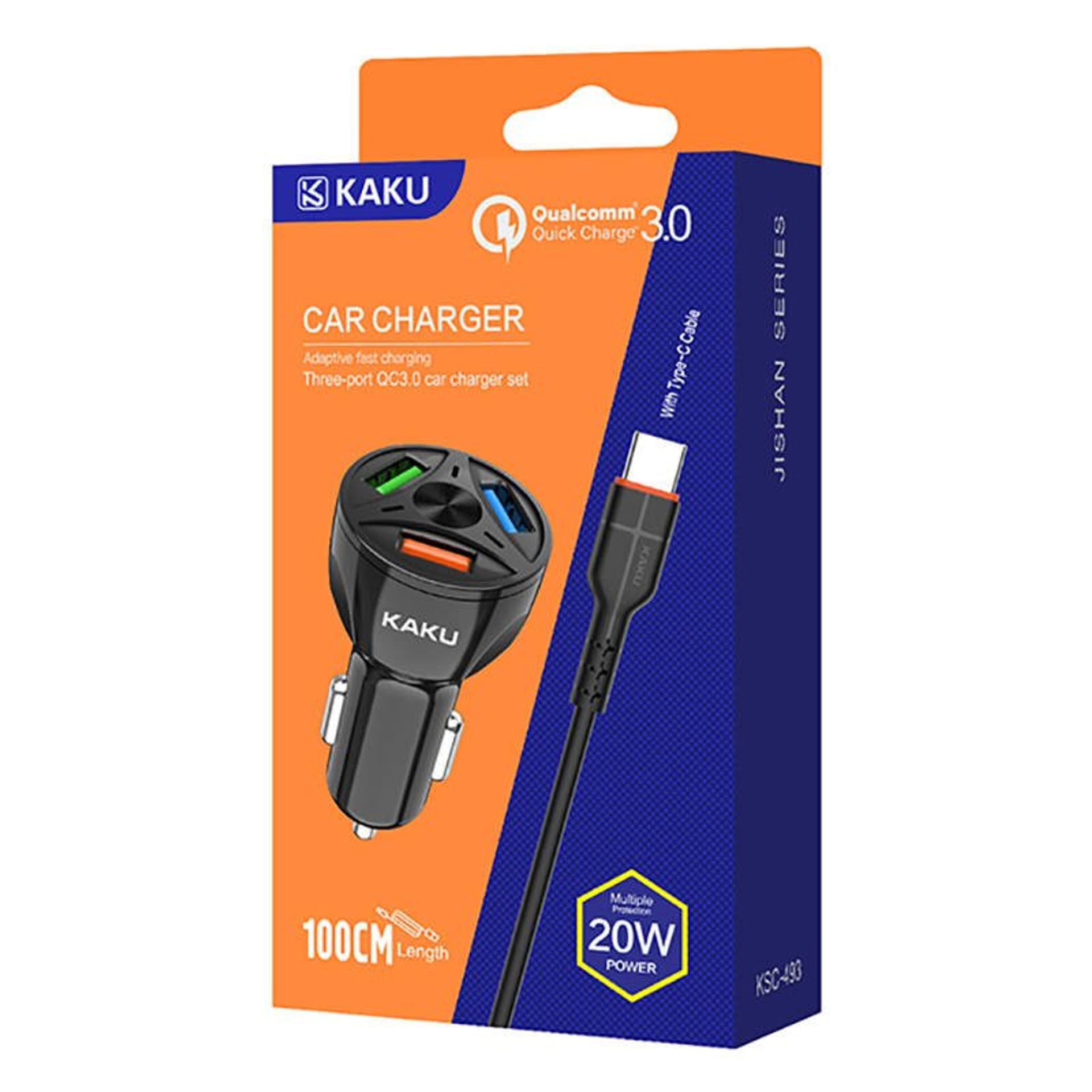 

Ładowarka Samochodowa 20W 4,8A QC3.0 3xUSB + Kabel USB Typ C KAKU Three Port Quick Charge 3.0 Car Charger with USB-C Cable (KSC-493) czarna, Ksc-493) czarn