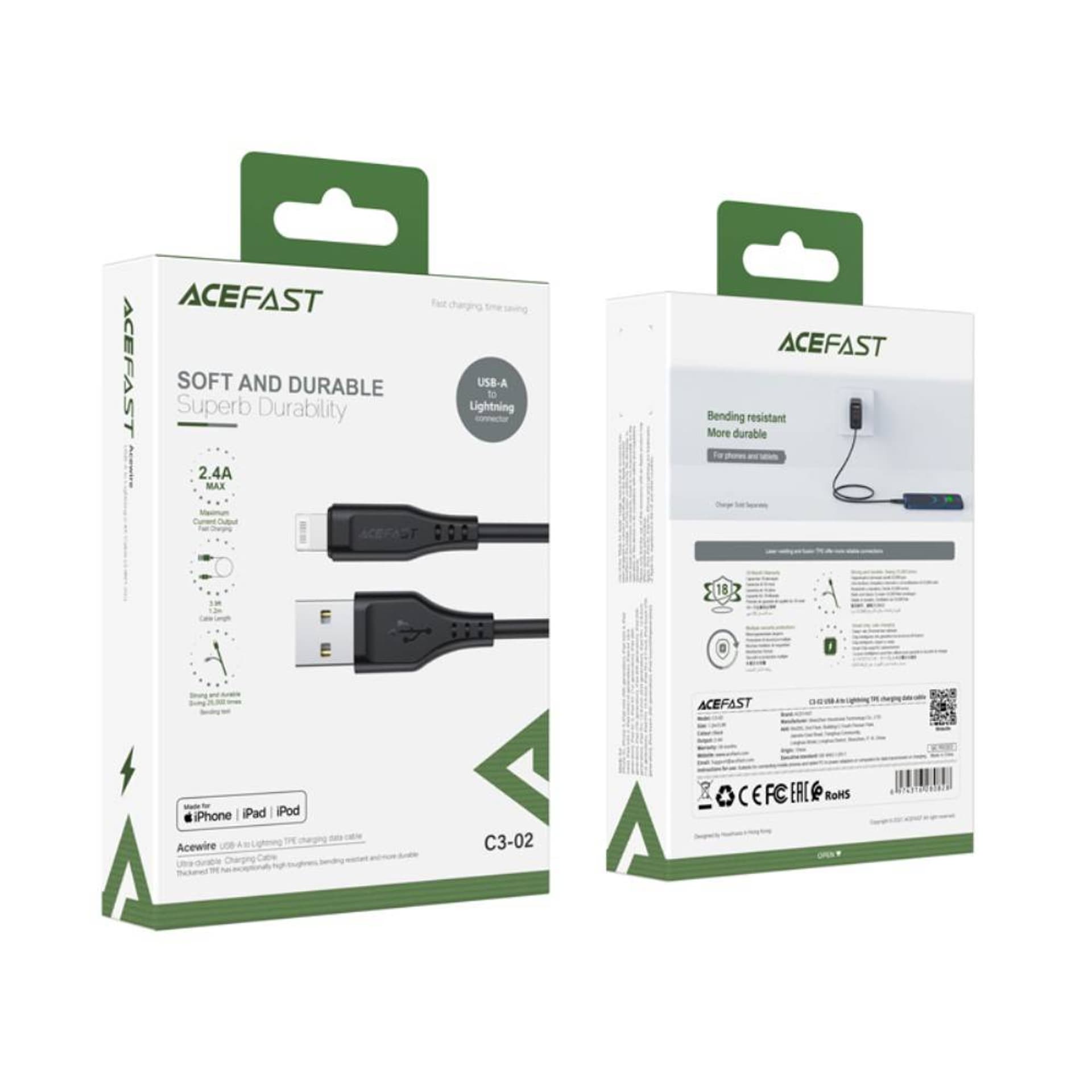 

Kabel MFI USB - Apple Lightning 2,4A 1,2m Szybkie Ładowanie i Przesyłanie Danych Acefast TPE Charging Data Cable (C3-02) czarny, C3-02) czarn