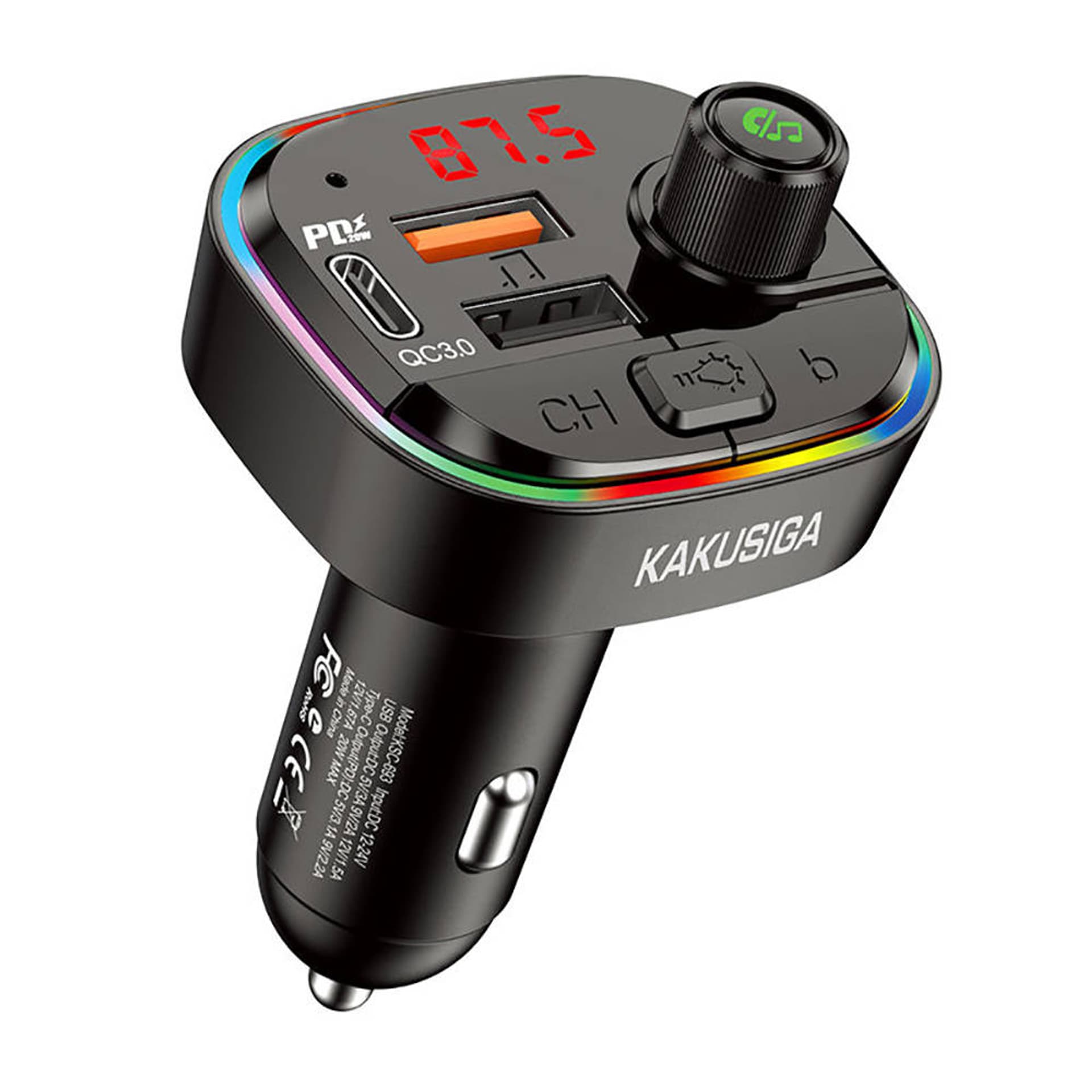

Transmiter FM Samochodowy Bluetooth 5.0 2xUSB + USB-C Kakusiga KSC-693 czarny