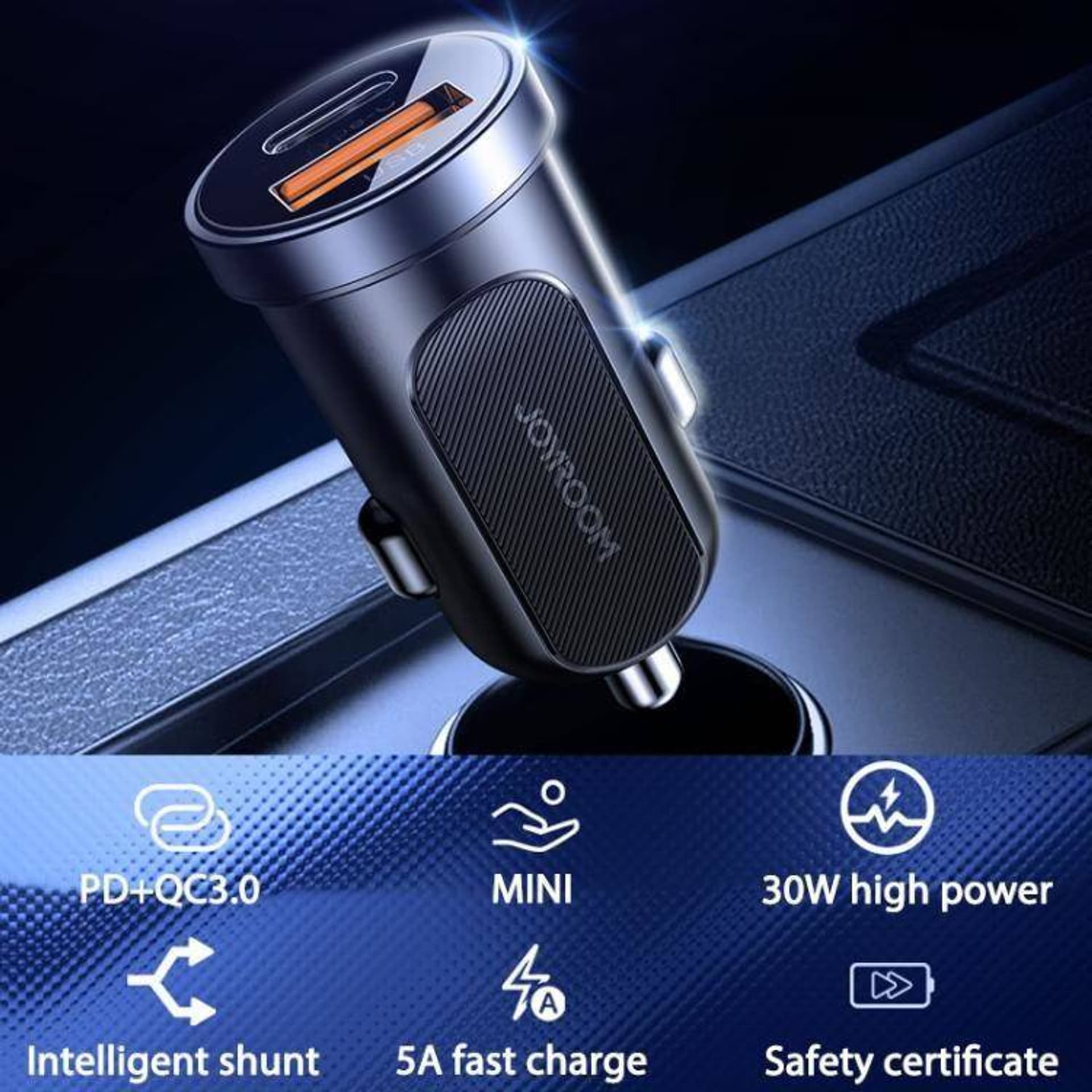 

Ładowarka Samochodowa USB typ C PD + USB QC3.0 30W 5A Joyroom 2-Port Car Charger (C-A08) czarna, C-a08) czarn