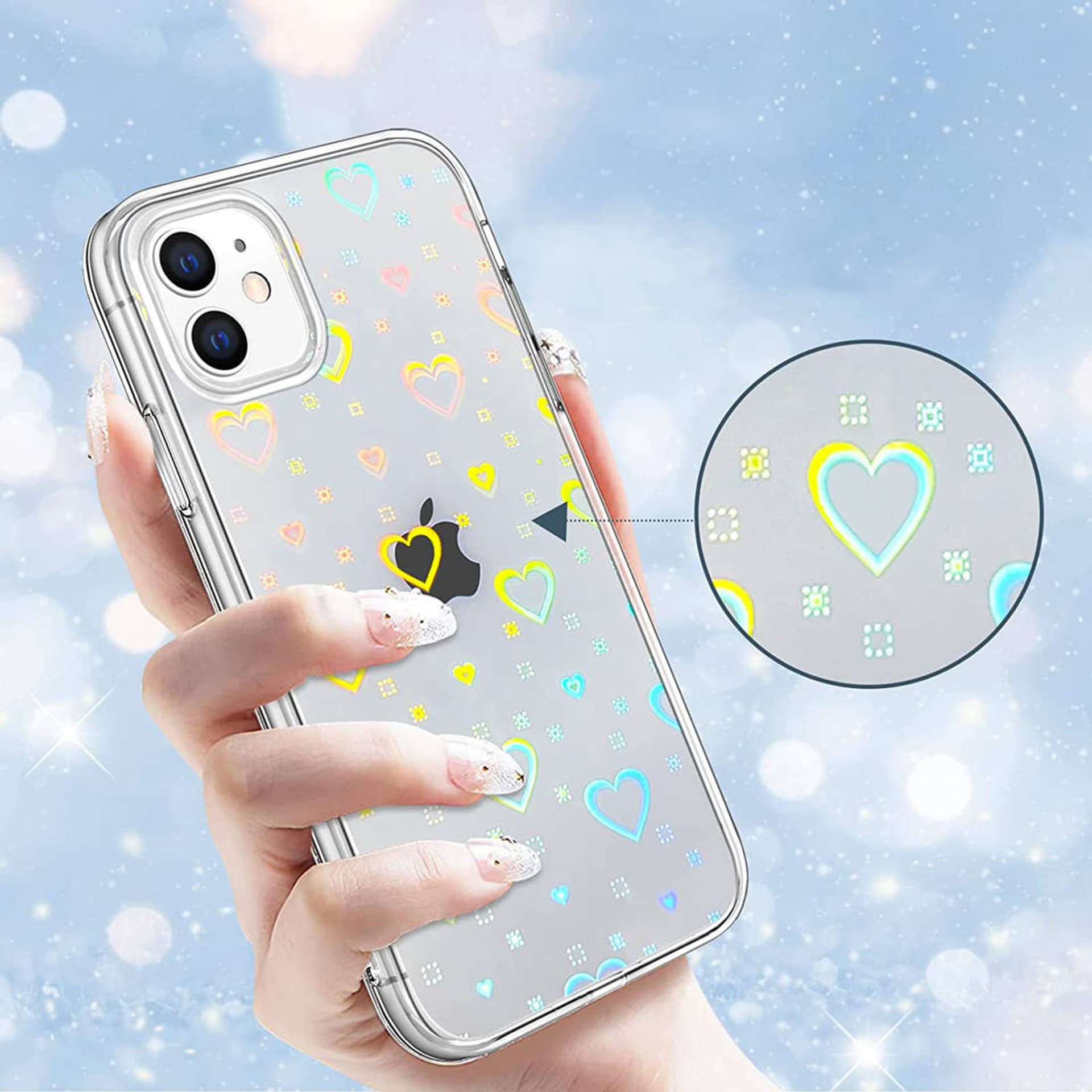 

Etui IPHONE 13 Luminous Hearts Case Holograficzne Serca transparentne