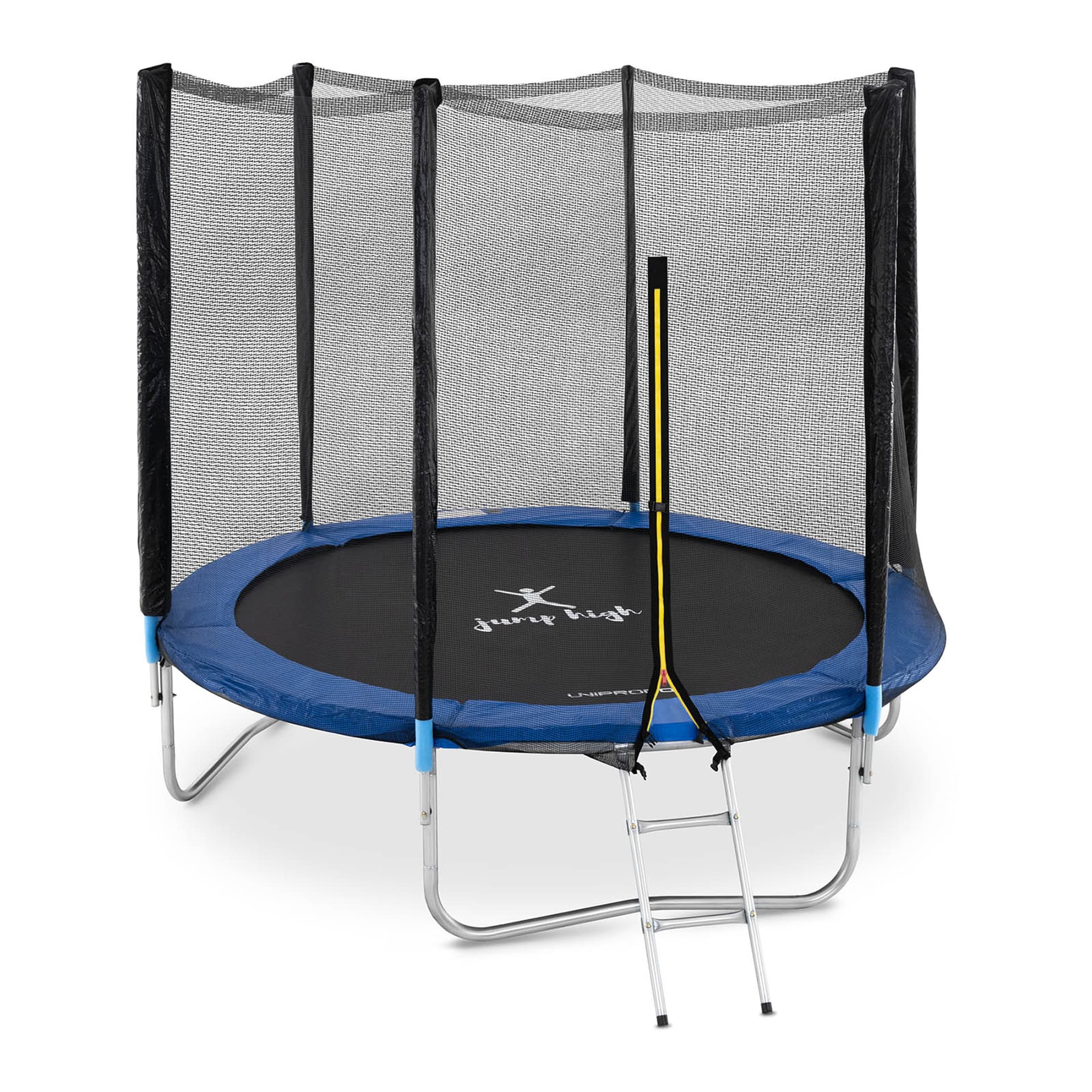 

Trampolina ogrodowa z siatką i osłoną na sprężyny śr. 244 cm do 80 kg czarno-niebieska