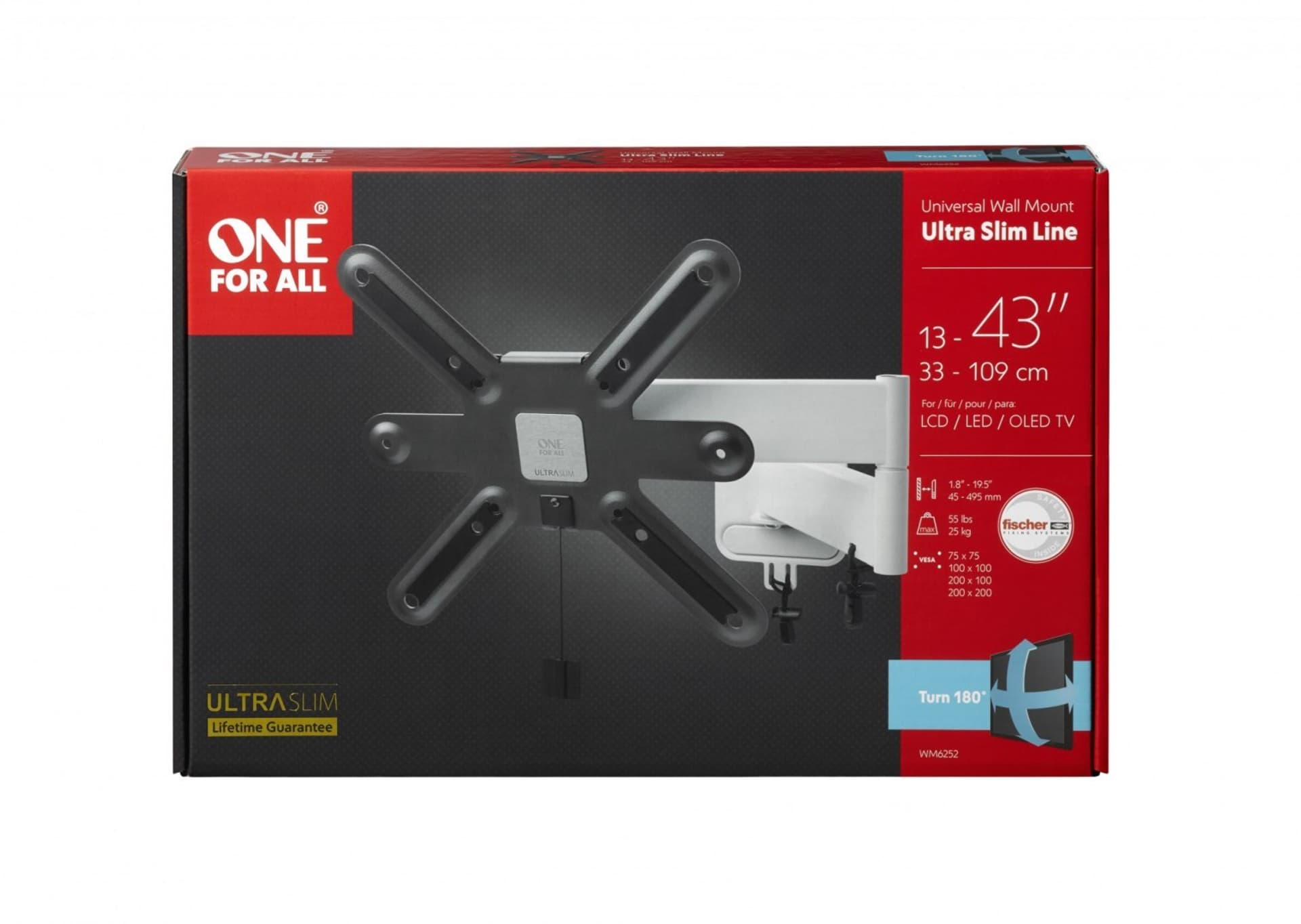 

ONE For ALL Wall Mount, WM 6252, 13-43 ", Turn, Maximum weight (capacity) 25 kg, VESA 75x75 100x100 200x100 200x200 mm, Black/Wh, Capacity) 25 kg/vesa 75x75 100x100 200x100 200x200 mm/black/w