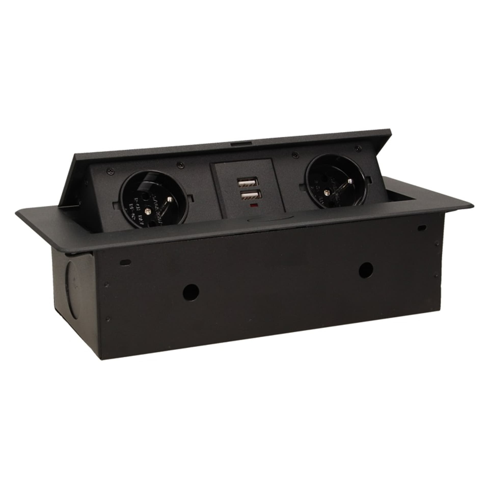 

Gniazdo meblowe wpuszczane w blat z płaskim frezowanym rantem i ładowarką USB, 2x2P+Z, 2xUSB, czarny