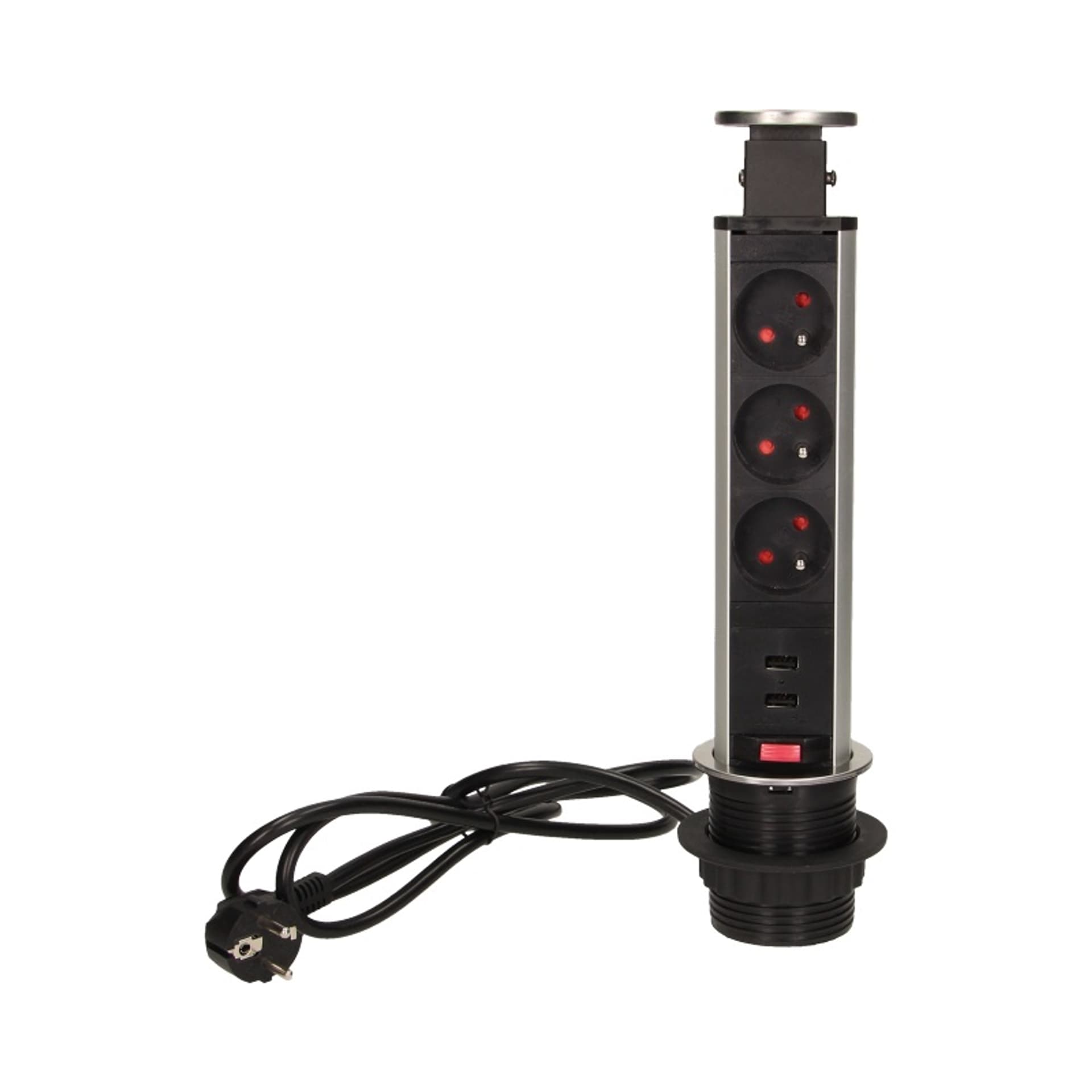 

Gniazdo meblowe 6cm wysuwane z blatu z blokadą i przewodem 1,8m, 3x2P+Z, INOX