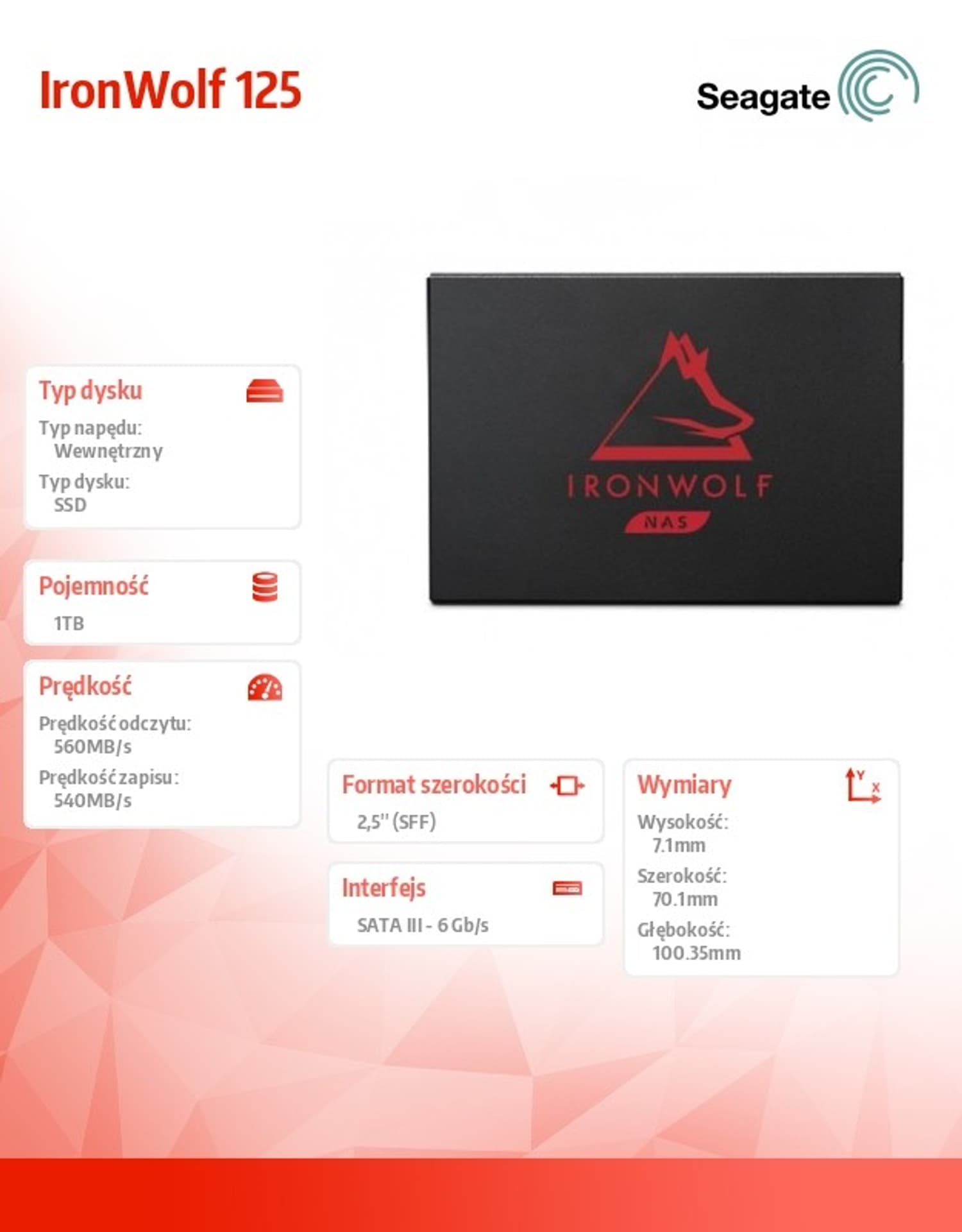 

Dysk SSD IronWolf 125 1TB 2,5" SATA