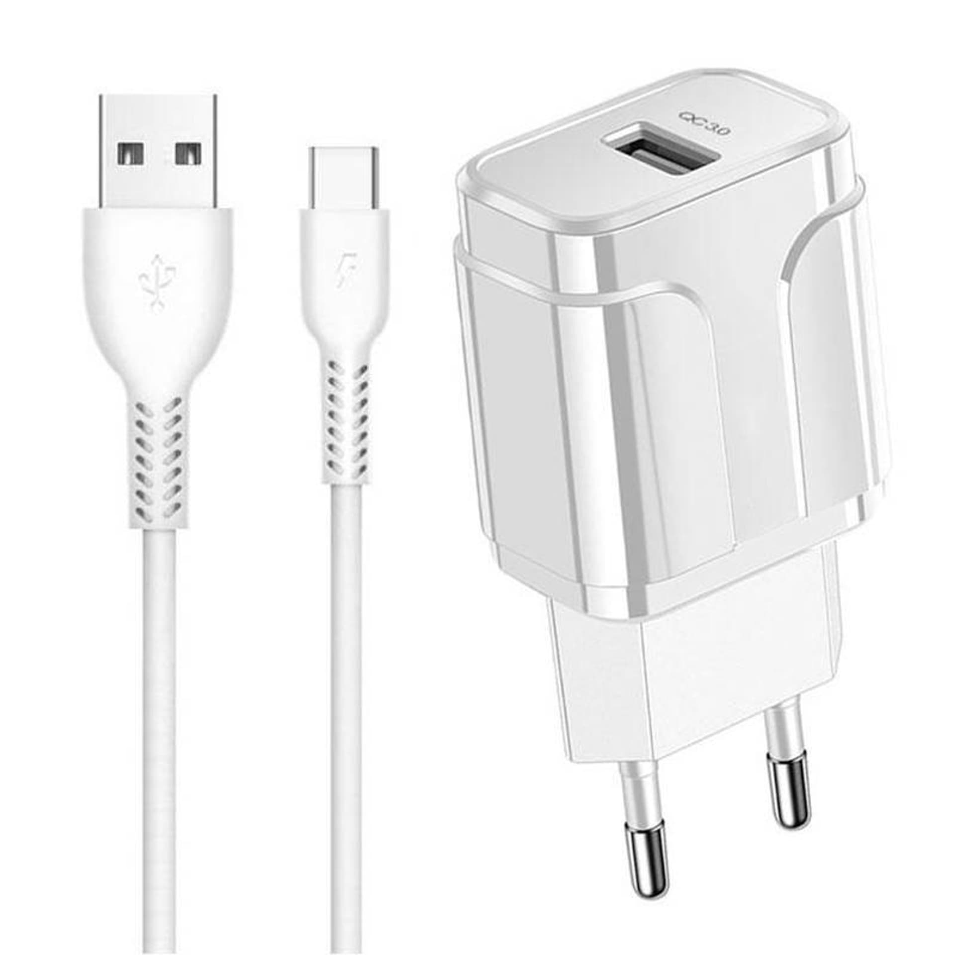 

Ładowarka do telefonu USB + kabel typ-C QC 3.0 (biała)