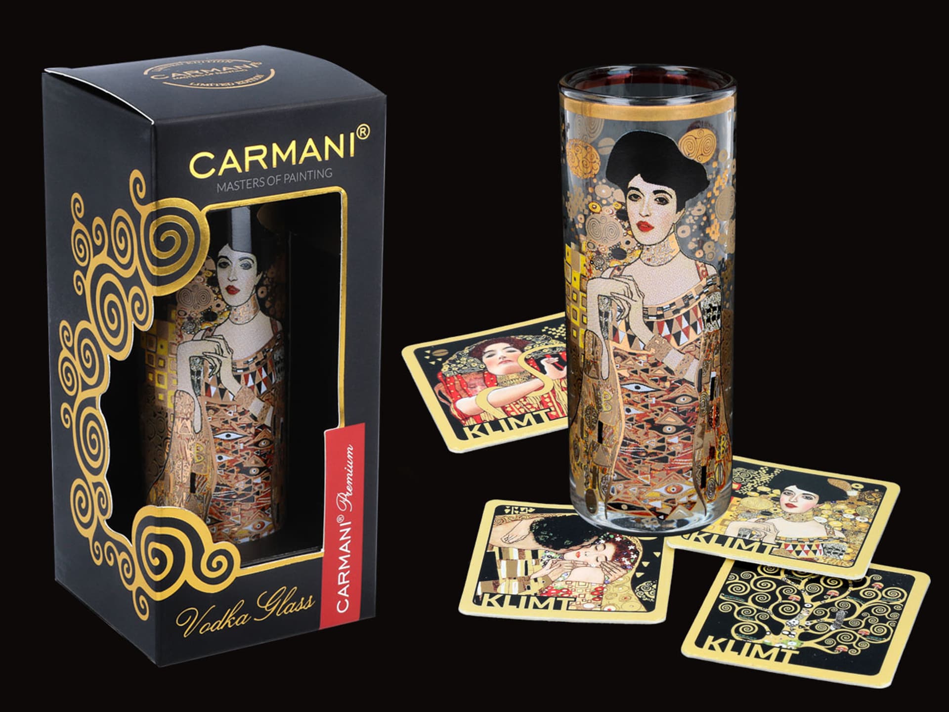 

Kieliszek do wódki - G. Klimt. Adele Bloch Bauer I (CARMANI) + komplet 4 podkładek korkowych, Carmani) + komplet 4 podkładek korkowyc