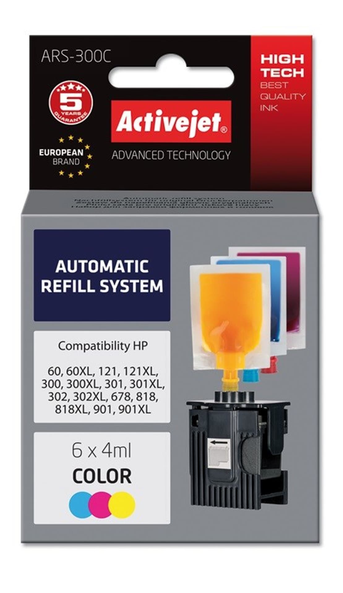 

System uzupełnień Activejet ARS-300C (zamiennik HP300, HP301, HP901; 6 x 4 ml; kolor)