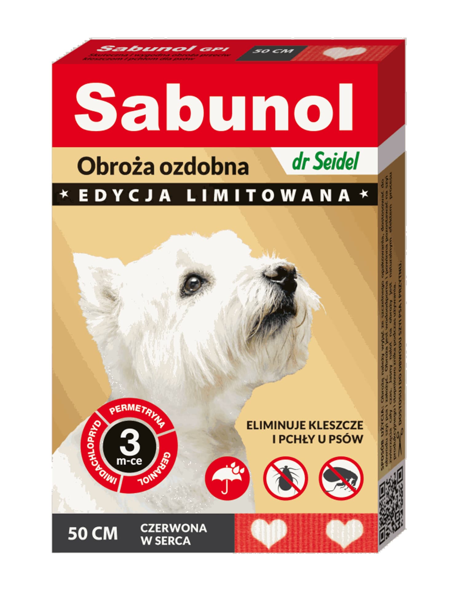 

SABUNOL GPI obroża ozdobna czerwona w serca przeciw kleszczom i pchłom dla psów 50cm